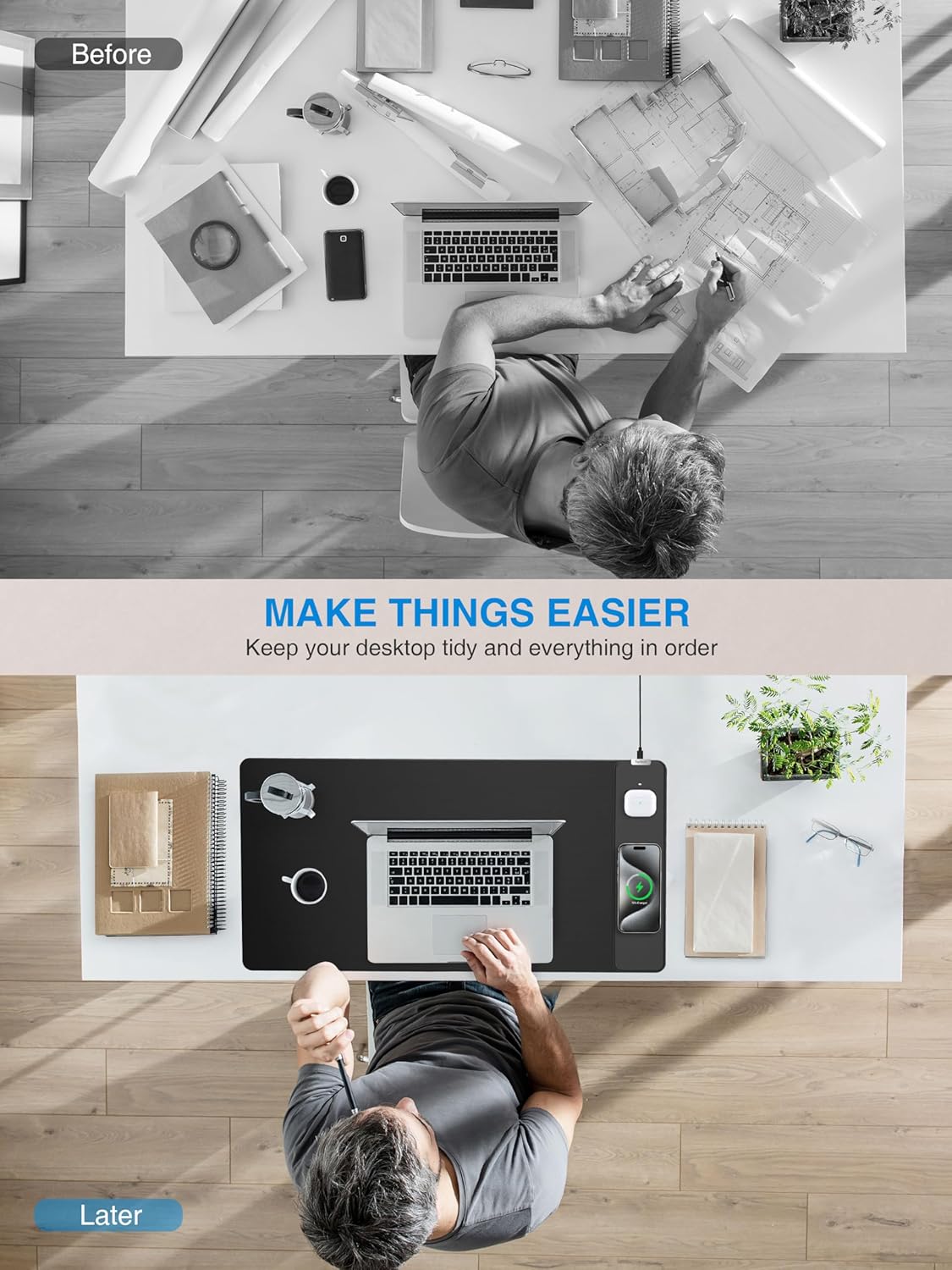 TopMade Mouse Pad with 15W Wireless Charging, Gaming Mousepad Home Office Large Desk Pad with Ultra-Smooth Surface, Non-Slip Base, Waterproof Keyboard Pad, Classic Black Desk Mat