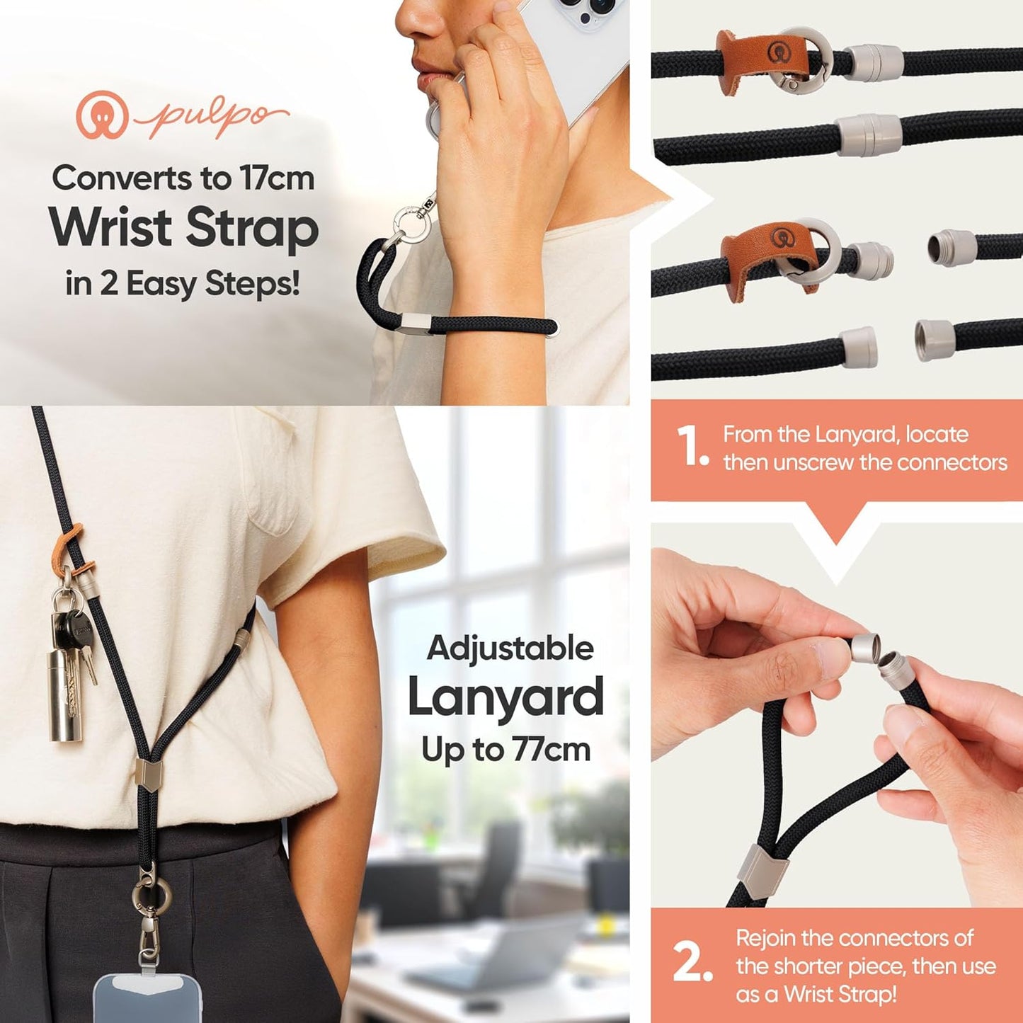 Pulpo 2-in-1 Cell Phone Wrist Strap and Lanyard Black - Anti Theft Phone Lanyard for Men & Women, Wrist Straps for Phones, Lanyards for Smartphones, Adjustable Cellphone Leash & Safety Strap Tether