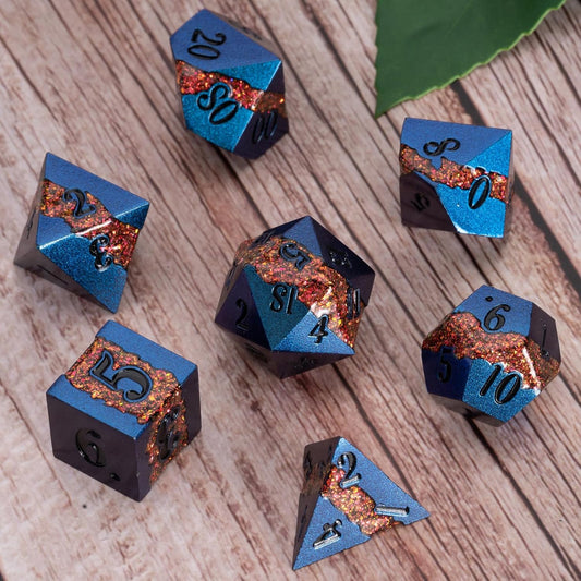 Large Stripe Metal Dice DND,Metallic Solid Crack Glittrer Dice Set with Gift Box,Polyhedral RPG Dice 7pcs Set