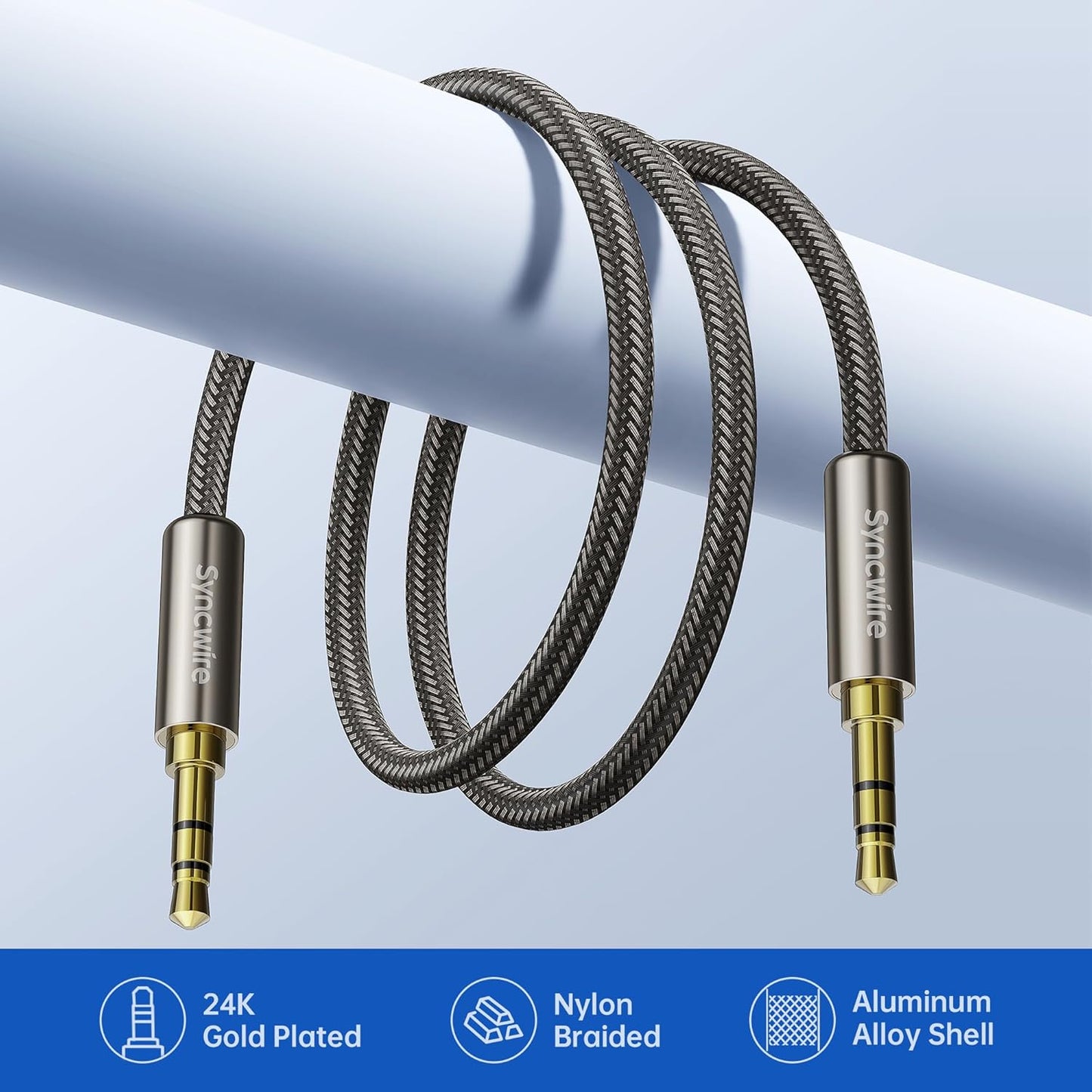 SYNCWIRE 3.5mm Nylon Braided Aux Cable (3.3ft/1m,Hi-Fi Sound), Audio Auxiliary Input Adapter Male to Male Cord for Headphones, Car, Home Stereos, Speaker, iPhone, iPad, iPod, Echo & More – Gold Brown