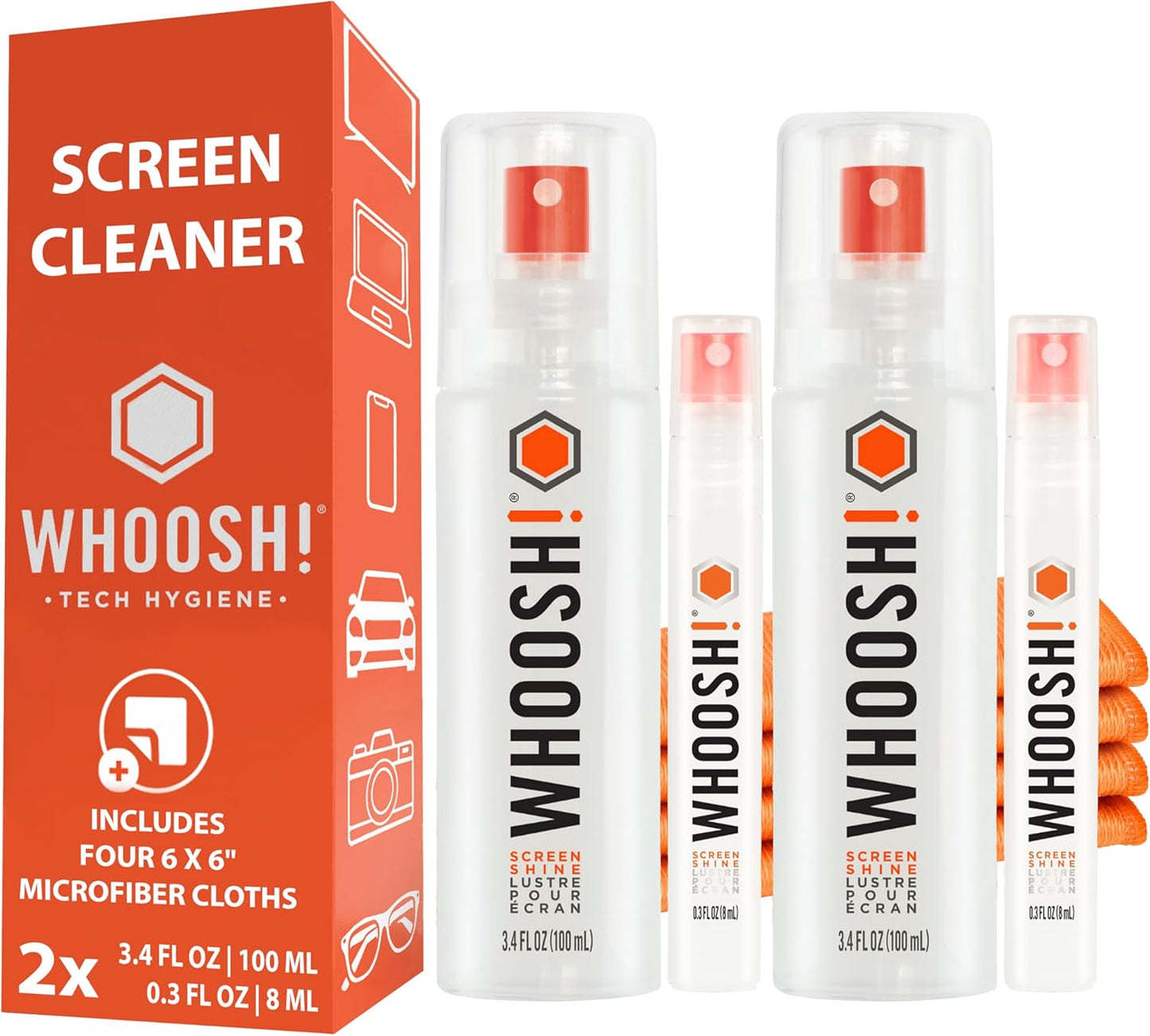 WHOOSH! Laptop Screen Cleaner Spray and Wipe [Set of 2] - 3.4 + 0.3 fl oz + 2 Microfiber Cloths - Duo with Large & Travel Size Bottles for Eyeglass Cleaner & Car Screen Cleaner- iPhone Cleaning Kit