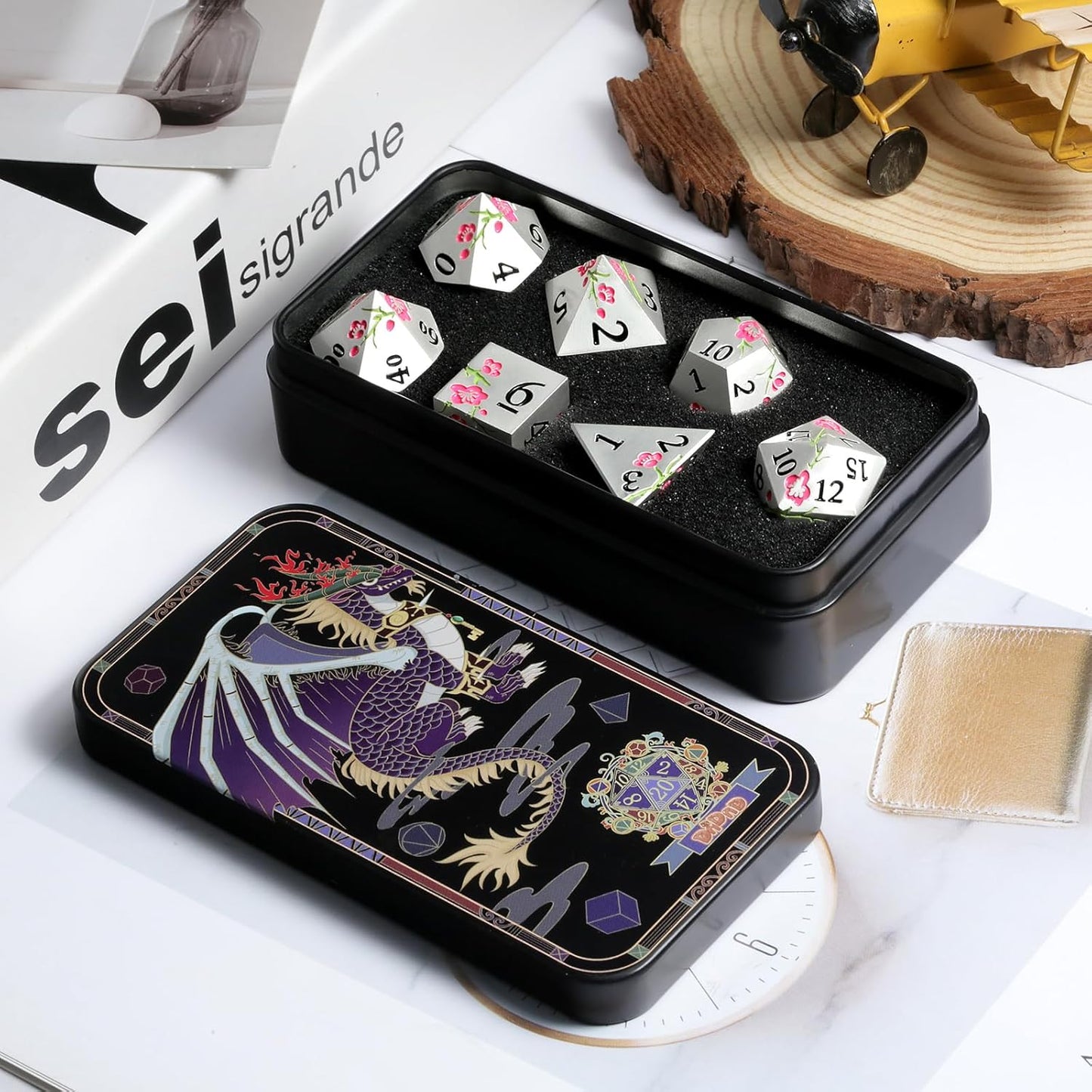 Metal Dungeons and Dragons Dice DNDND 7 PCS Heavy Metallic Flower D&D Dice Set with Gorgeous Gift Case for DND Tabletop Game (Matte Silver with Pink Flower)