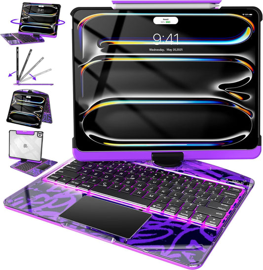 Intermerge Clear Keyboard Case for iPad Pro 11" (M4) 2024 Only, 360° Swivel Multi-Touch Trackpad, 7-Color RGB Backlit, Pencil Holder, Type-C, Power Indicator, Neon Pulse