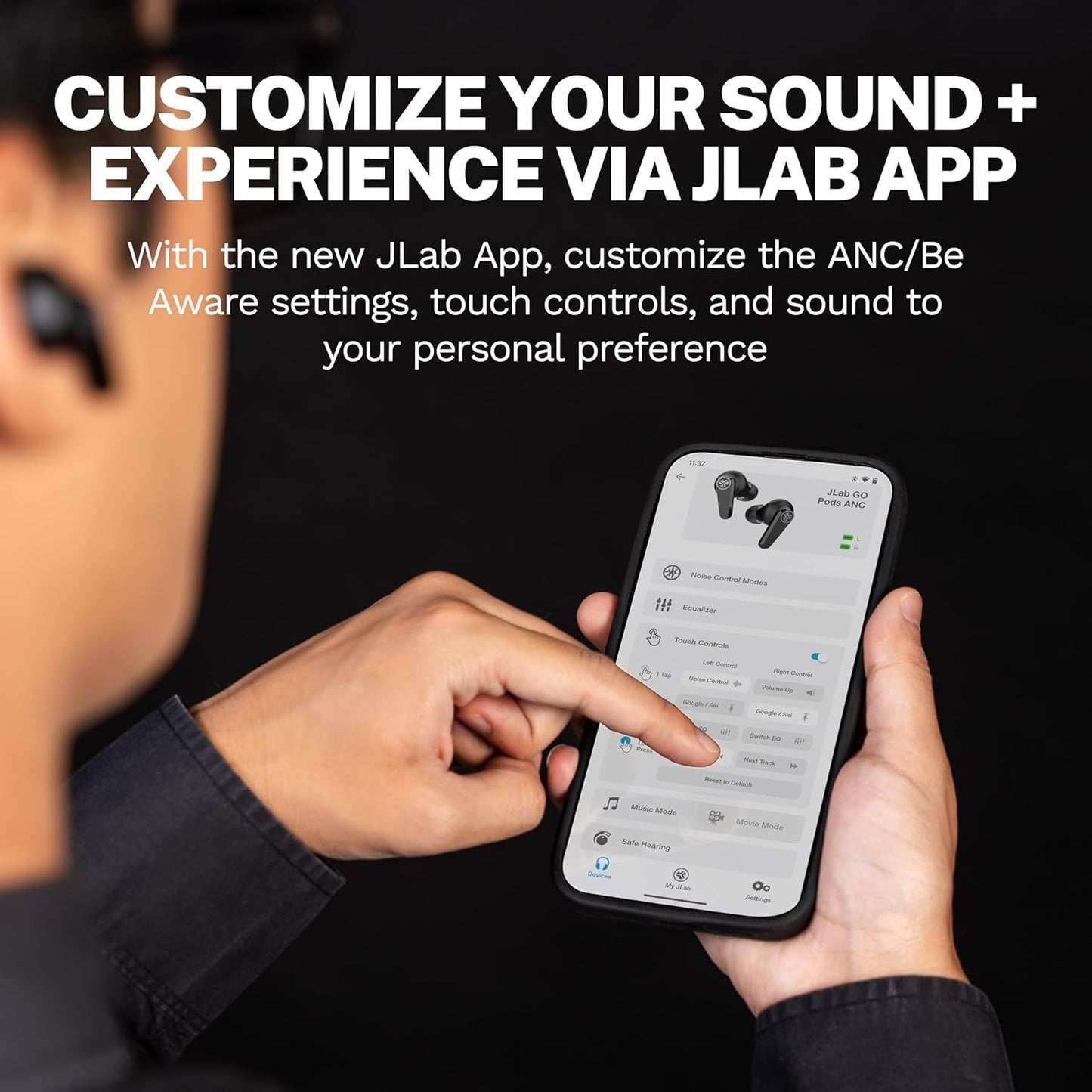 JLab Go Pods ANC True Wireless Bluetooth Earbuds & Charging Case, Hybrid Active Noise canceling + Be Aware for Safe Listening, 26+ Hours Total Playtime, Clear Calls, Custom Sound via App, Black