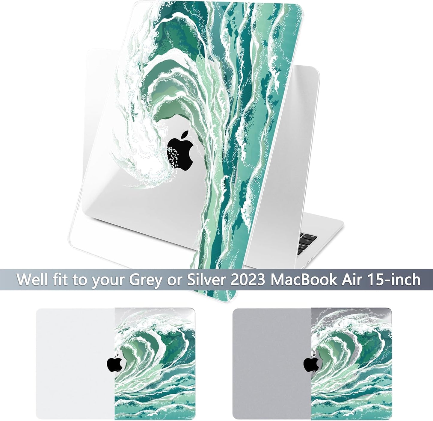 Batianda Premium Case for New MacBook Air 15 inch 2025 M4 2024 2023 with M3 M2 Chip Model A3241/A3114/A2941, Designed Protective Plastic Hardshell & Keyboard Cover & Screen Protector, Waves