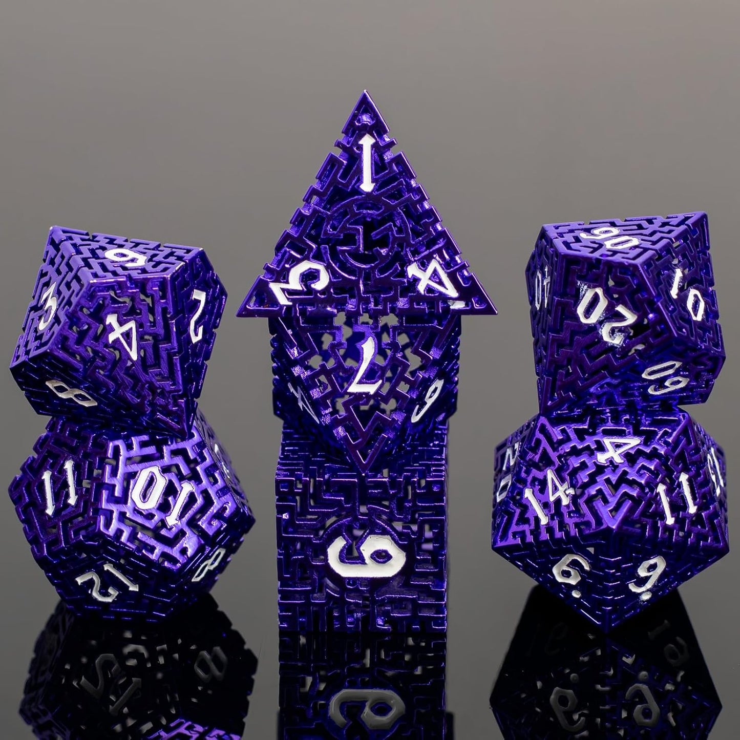 Purple Metal Hollow DND Dice Set (Warlock) Metallic Luster Maze Design with Storage Box - Balanced Weight 7 Piece Zinc Alloy, Designed for Dungeons and Dragons DM Player RPG Accessories