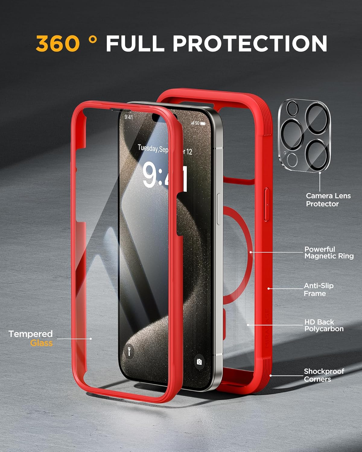 Miracase Magnetic for iPhone 15 Pro Case Full-Body Bumper Phone case with Built-in Glass Screen Protector& Camera Protector, Military Drop Proof 15 Pro Cover, Magnetic Red