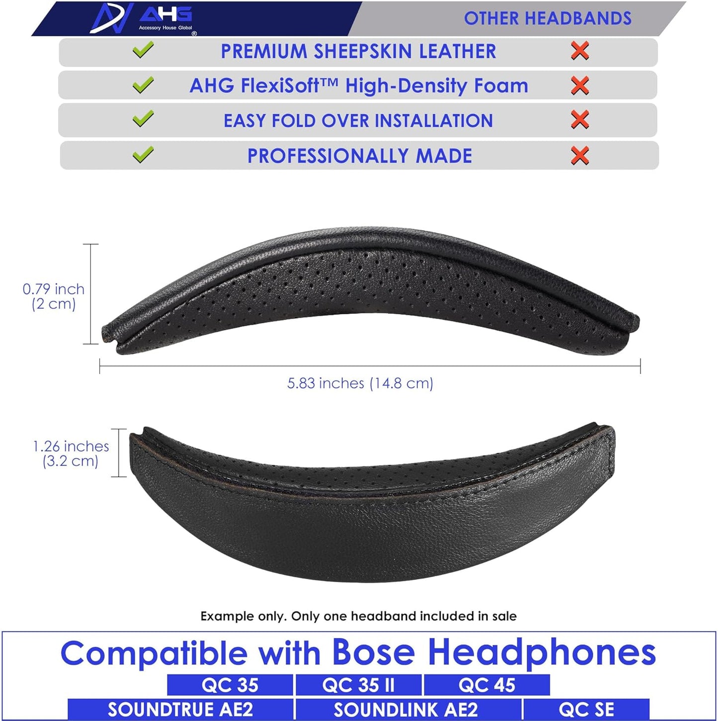 AHG Sheepskin QC35 ii Headband / QC35 Headband pad Cushion Cover. Compatible w/Bose QuietComfort 35 ii Headphones/QuietComfort 35 Headphones (Black). Premium Sheepskin Leather/High-Density Foam