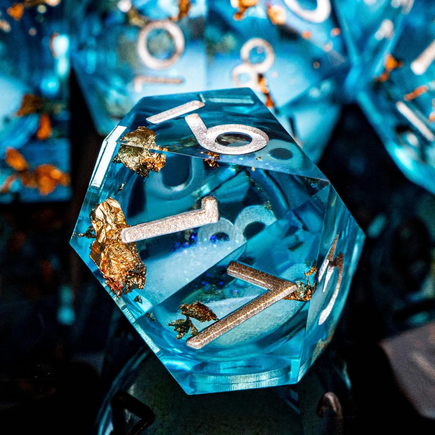 DND Dice Blue Liquid Core Dice Set with Metal Box, Handmade Sharp Edge D and D Polyhedral Dice for use with RPG D&D Role Playing Game