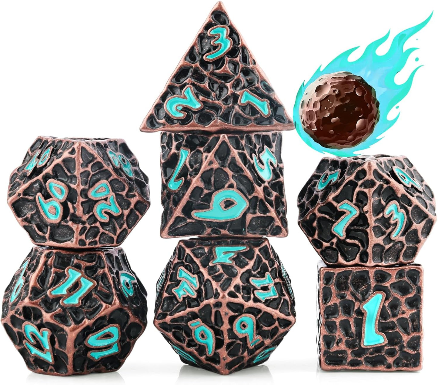 PJOY Metal D&D Dice Set for Dungeons and Dragons Dice with Case Meteorite Copper Blue Numbers 16mm 7PCS Role Playing Cool Dice DND Gifts for Players DM Game Masters