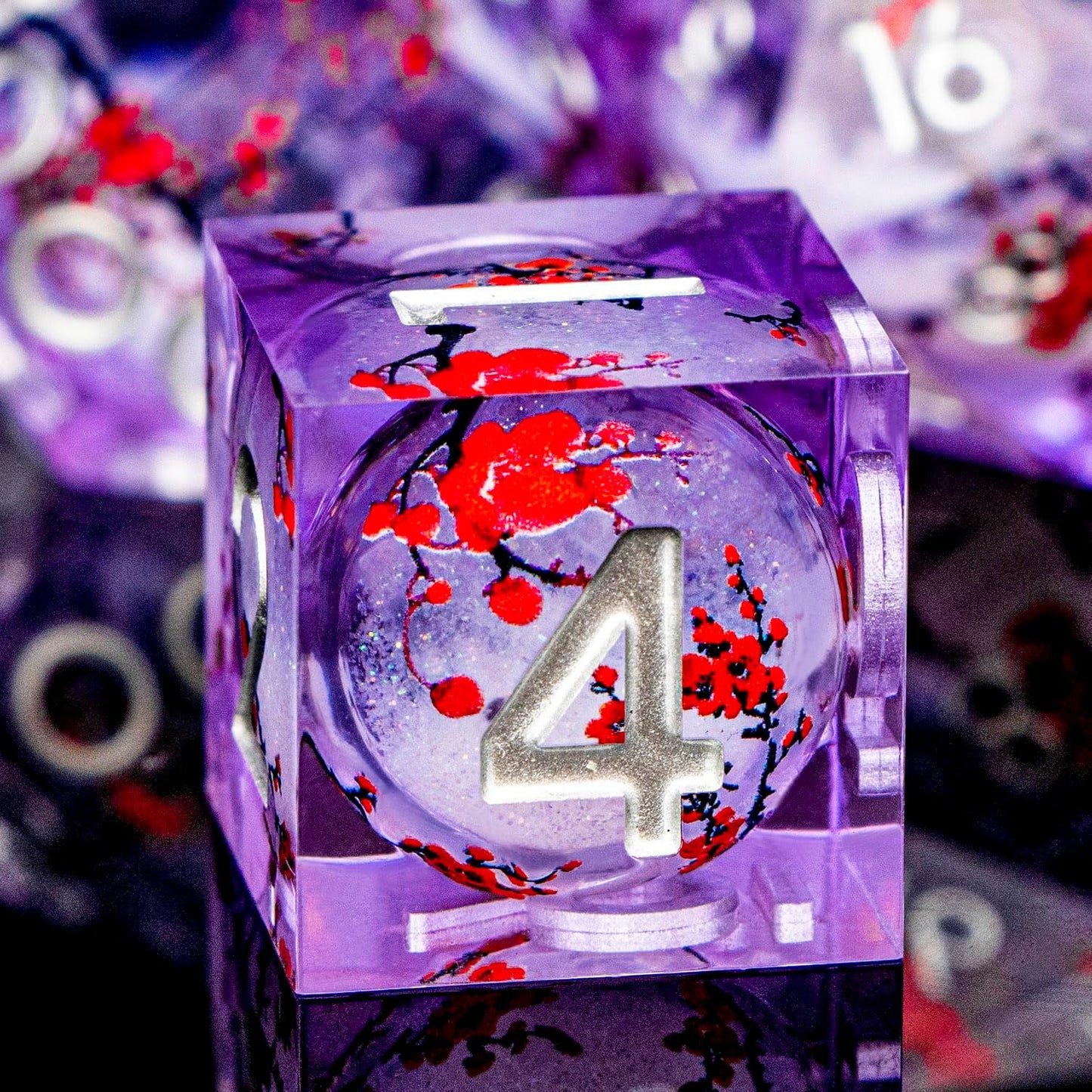 Plum Blossom DND Dice Purple Liquid Core Dice Set with Metal Box, Handmade Sharp Edge Dice D and D Polyhedral Dice for use with D&D RPG Role Playing Game