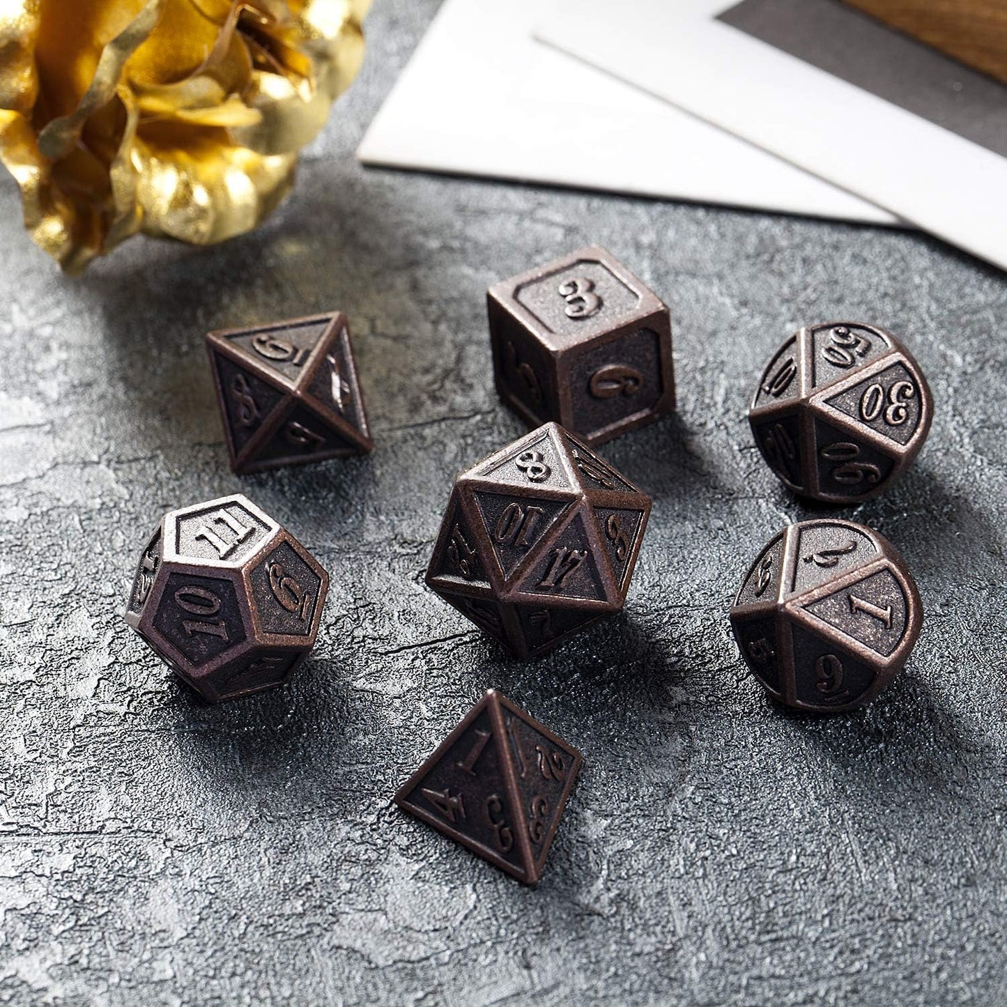 D&D Metal Dice Set, DNDND 7PCS Metallic Ancient Copper Dice with Metal Case for DND Dungeons and Dragons Table Games Roly Playing Rolling