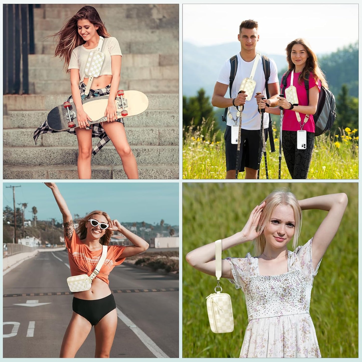 Clip and Go Strap for Phone with Wallet Crossbody, Adjustable Phone Lanyard with Detachable RFID Wristlet Wallet, Phone Strap with Phone Tabs for All Phones, Cream Checkered (L)