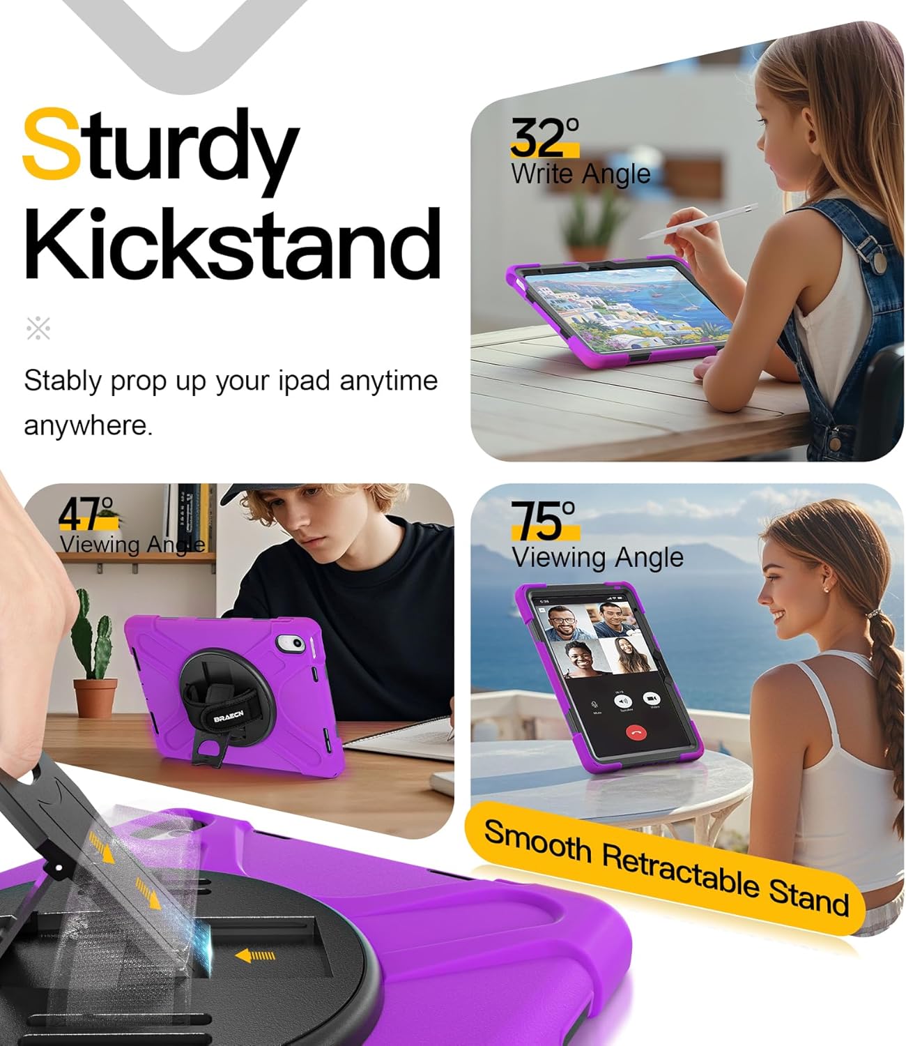 BRAECN for iPad (A16) 11th/10th Generation case 11/10.9 inch 2025/2022 Heavy Duty Shockproof Protective with Pencil Holder Screen Protector 360°Rotating Stand Handle & Shoulder Strap Full Body Cover
