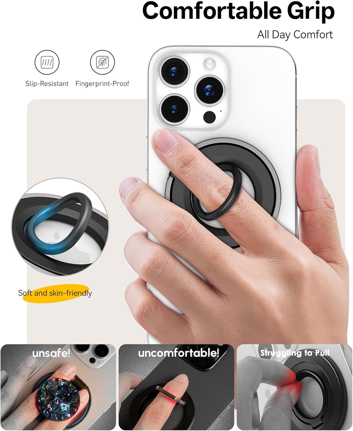 [2025 Newest] Magnetic Phone Grip for MagSafe Ring Holder, Magnet Phone Grip Stand Finger Kickstand Two-Sided Magnetic Compatible with iPhone 16 Pro/Max 15 14 13 12 11 Plus&Android