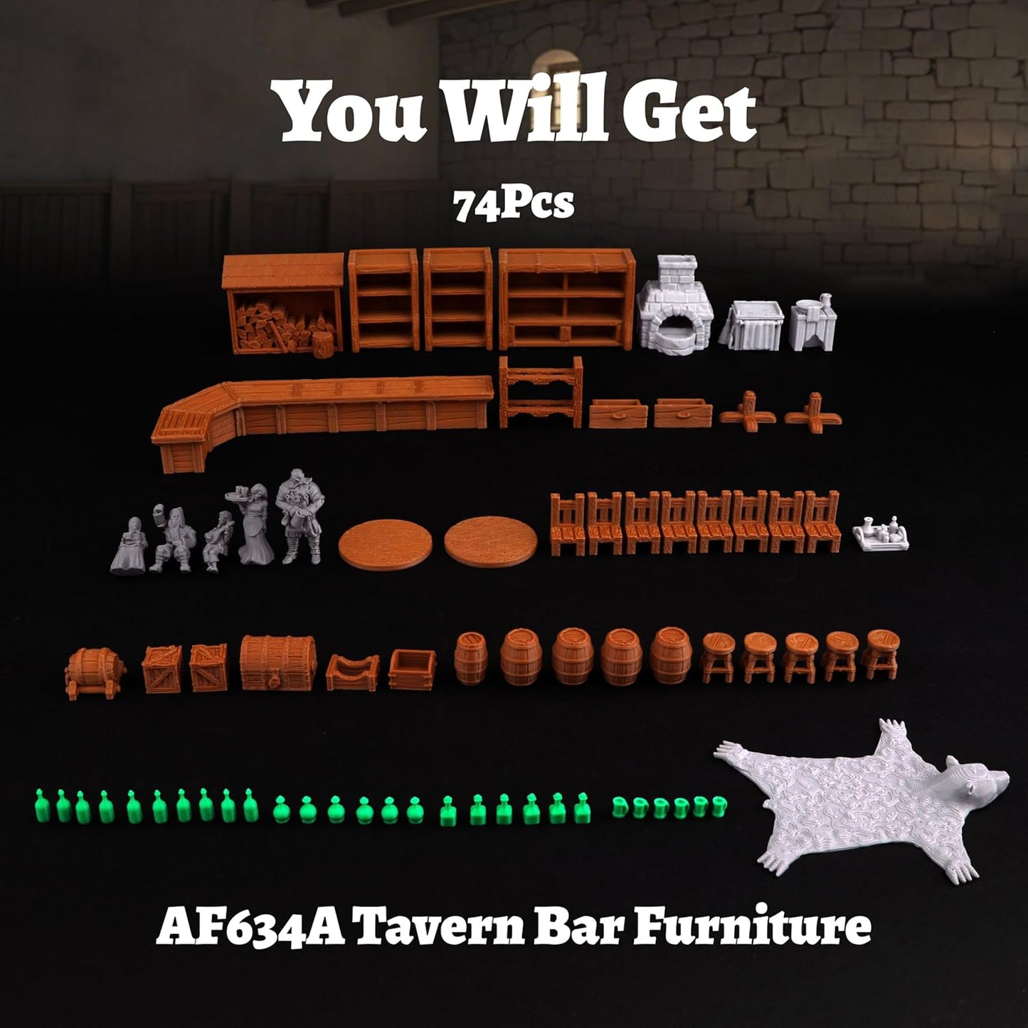 74 Pcs Tavern Bar Furniture RPG Terrain Set – Detailed DND Accessories for Tabletop Role-Playing – Miniature Props for Dungeons and Dragons, TTRPG Maps, and Wargame Campaigns – AF634A