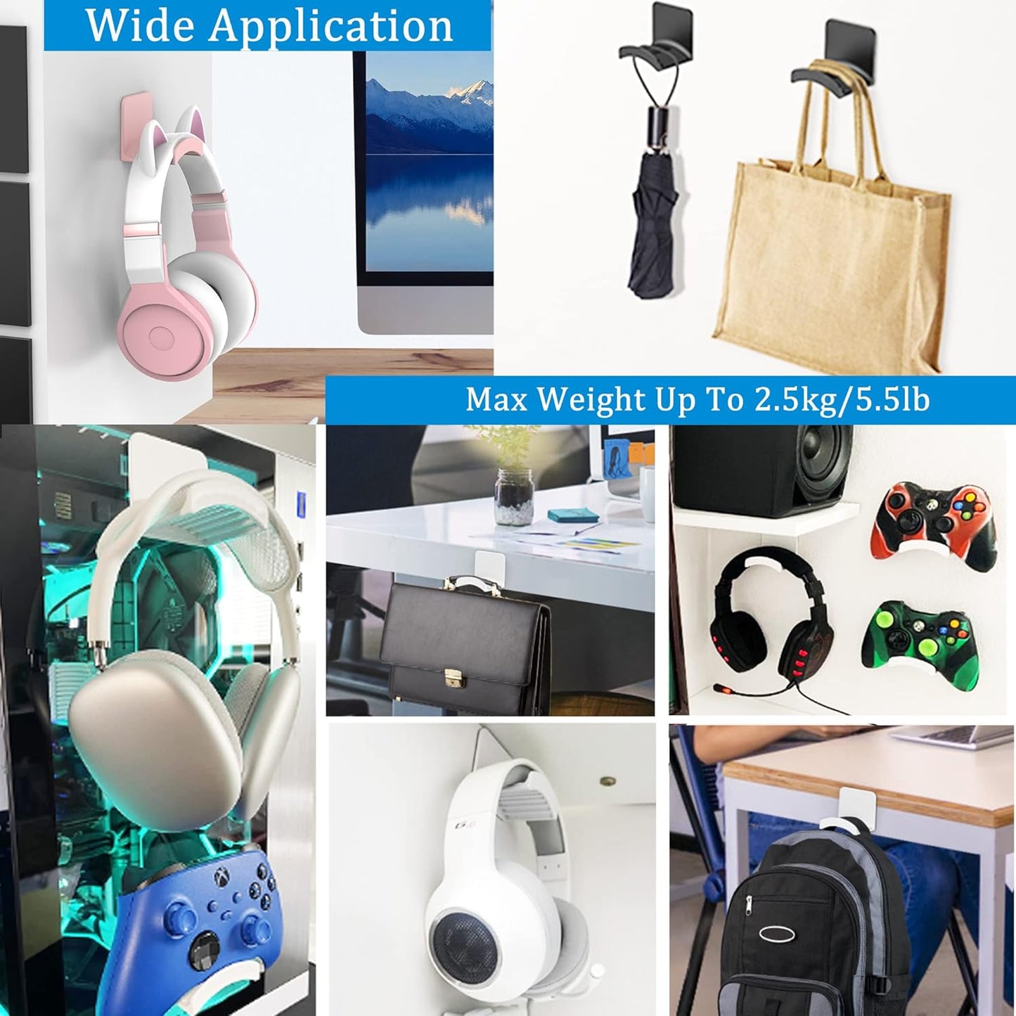 SOKUSIN Headphone Stand Headset Holder - Adhesive Gaming Earphones Hanger, Universal Desk Wall Mount Hook for All Headphone/Controller, Compatible with Beats, AirPods Max,Sony, JBL (White-2PCS)