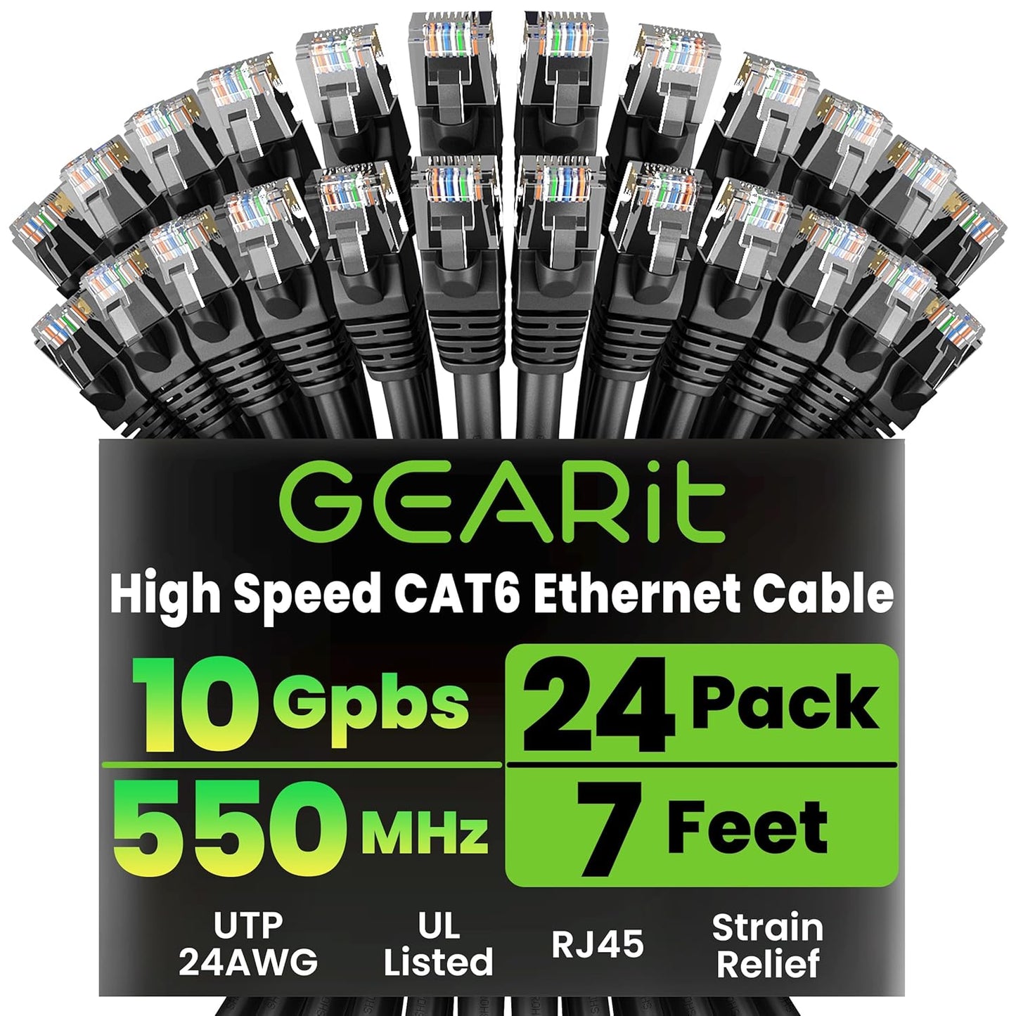 GEARit Cat 6 Ethernet Cable Pack - 24-Pack 7 ft Cat6 Ethernet Patch Cables | RJ45 Network Patch Cable, 10 Gbps Snagless Gold-Plated Connectors - Ethernet Cable Cat 6 for PC, TV, Router - Black