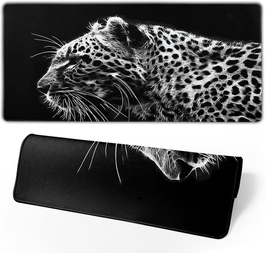 Black and White Gaming Mouse Pad 31.5 x 11.8 Inch Extended Large Mouse Pad with Non-Slip Base and Stitched Edges for Gamer Home Office, Black Leopard