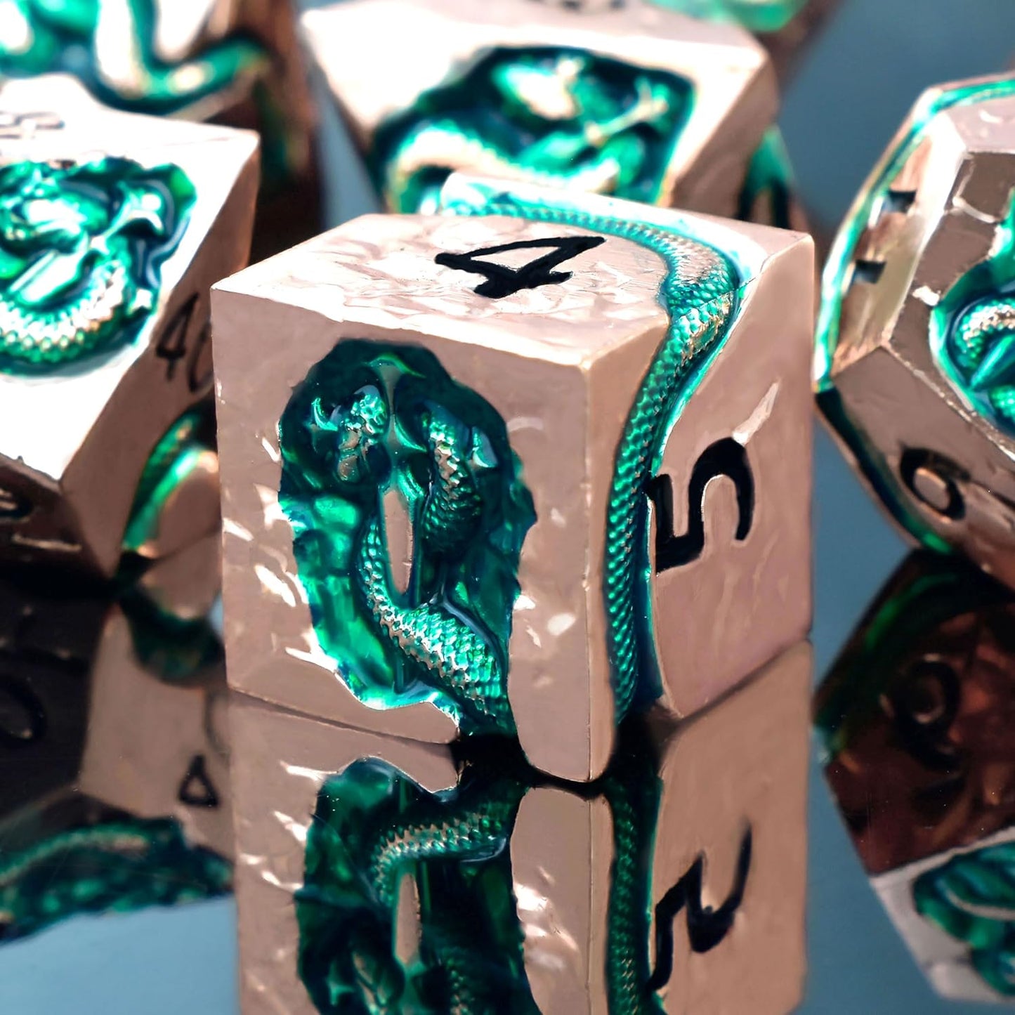 RULE DICE Serpent's Embrace Metal DND Dice Set - 7pc Polyhedral D&D Dice for TTRPGs Like Dungeons and Dragons and Pathfinder - Emerald Green Snake Design, Heavy & Balanced for Tabletop Gaming