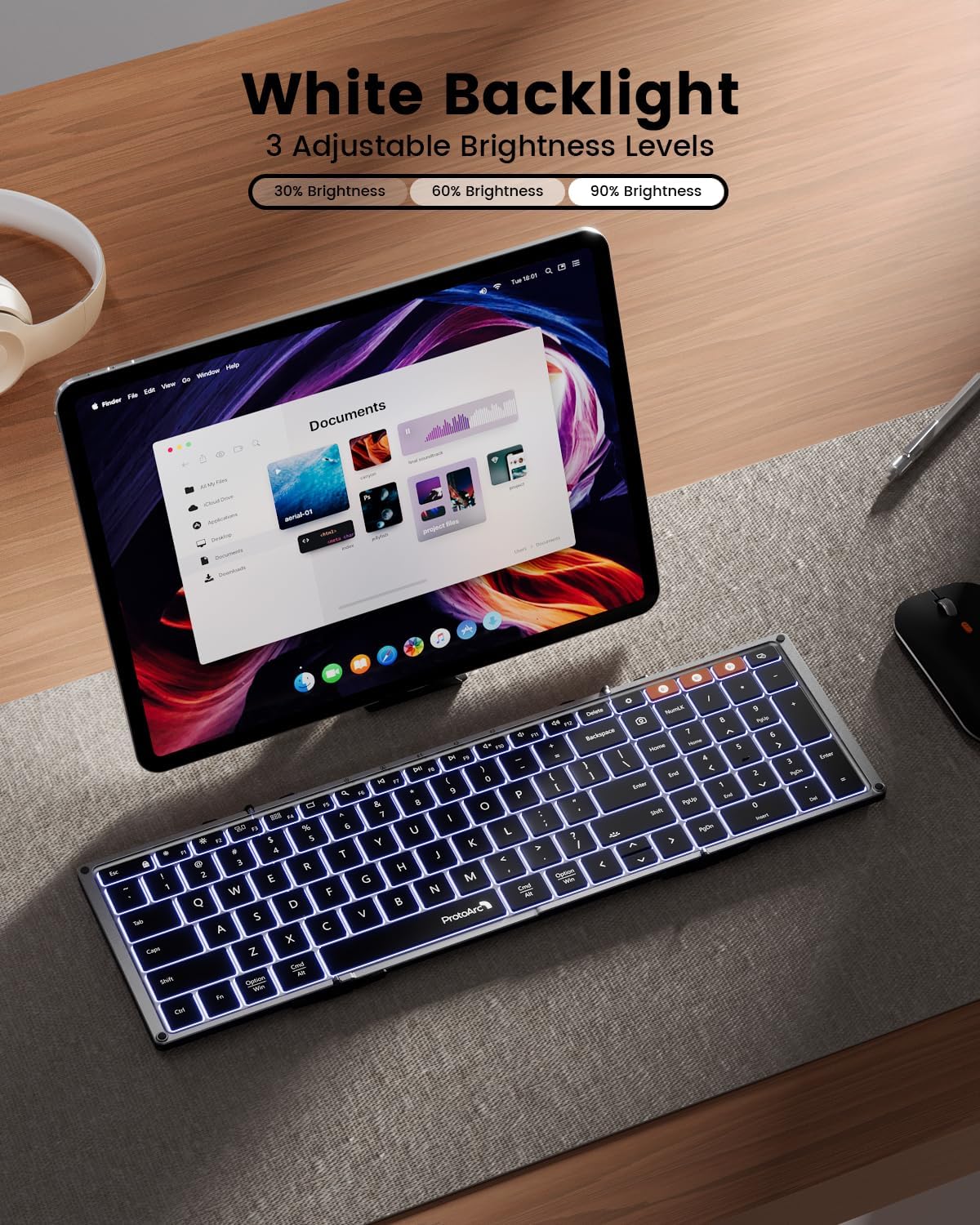 ProtoArc Backlit Foldable Keyboard, XK01 Plus Folding Portable Bluetooth Keyboard for Travel, True Full Size External Wireless Keyboards with Backlight for iPad Tablet Smartphone Laptop PC