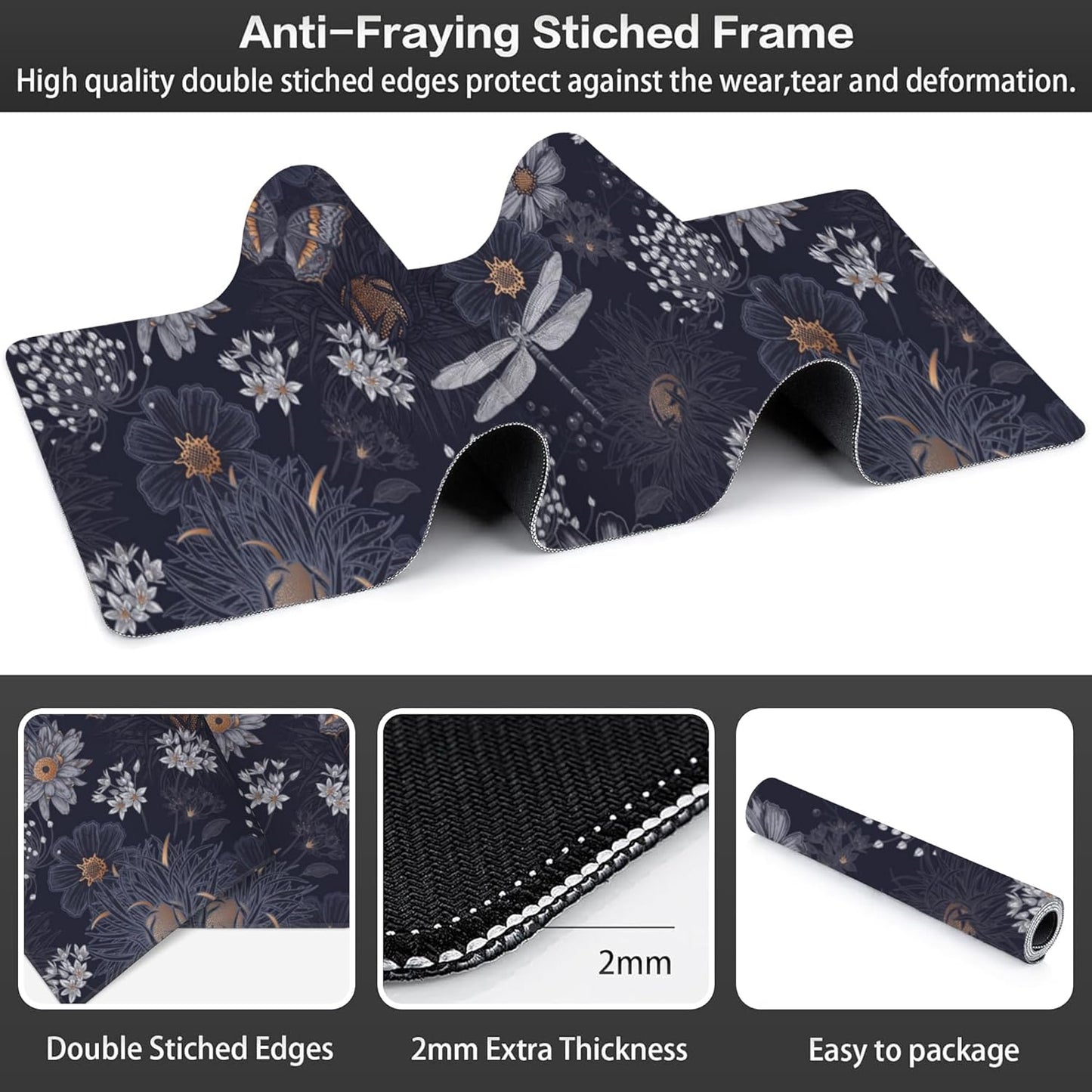 Wildflowers and Insects Desk Mat,Large Cute Flowers Butterflies and Dragonflies Gaming Keyboard Mouse Pad,Non-Slip Rubber Base Desk Pad Thick Stitched Edges Waterproof Mousepad Mouse Mat 31.5"x11.8"