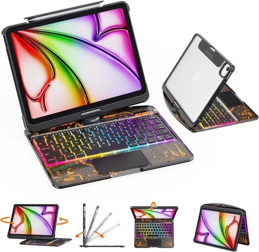 GUSGU Transparent Case with Wireless Keyboard only for 2024 iPad Pro 13-in.(M4), 7 Colors Backlight, Trackpad, 360°Rotating Stand for iPad Pro 13, Tech Style