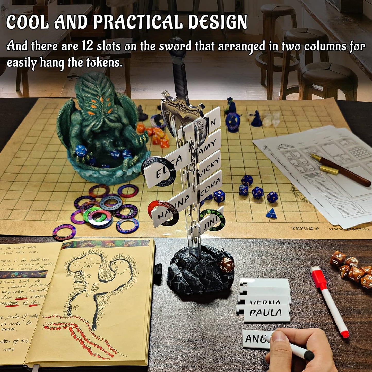 Initiative Tracker Acrylic Laser Cut Sword in The Stone Base with 12 PCS Erasable Taken Flags Perfect for D&D, Dungeons & Dragons, Pathfinder and Other Tabletop RPG