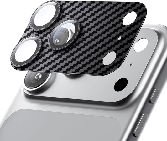 Hoerrye for iPhone 17 Pro Camera Lens Protector - [12FT Shatterproof Military Grade] [Strong Adsorption] Metal Top 9H+ Tempered Glass Camera Screen Full Cover Case Friendly,Carbon Fiber