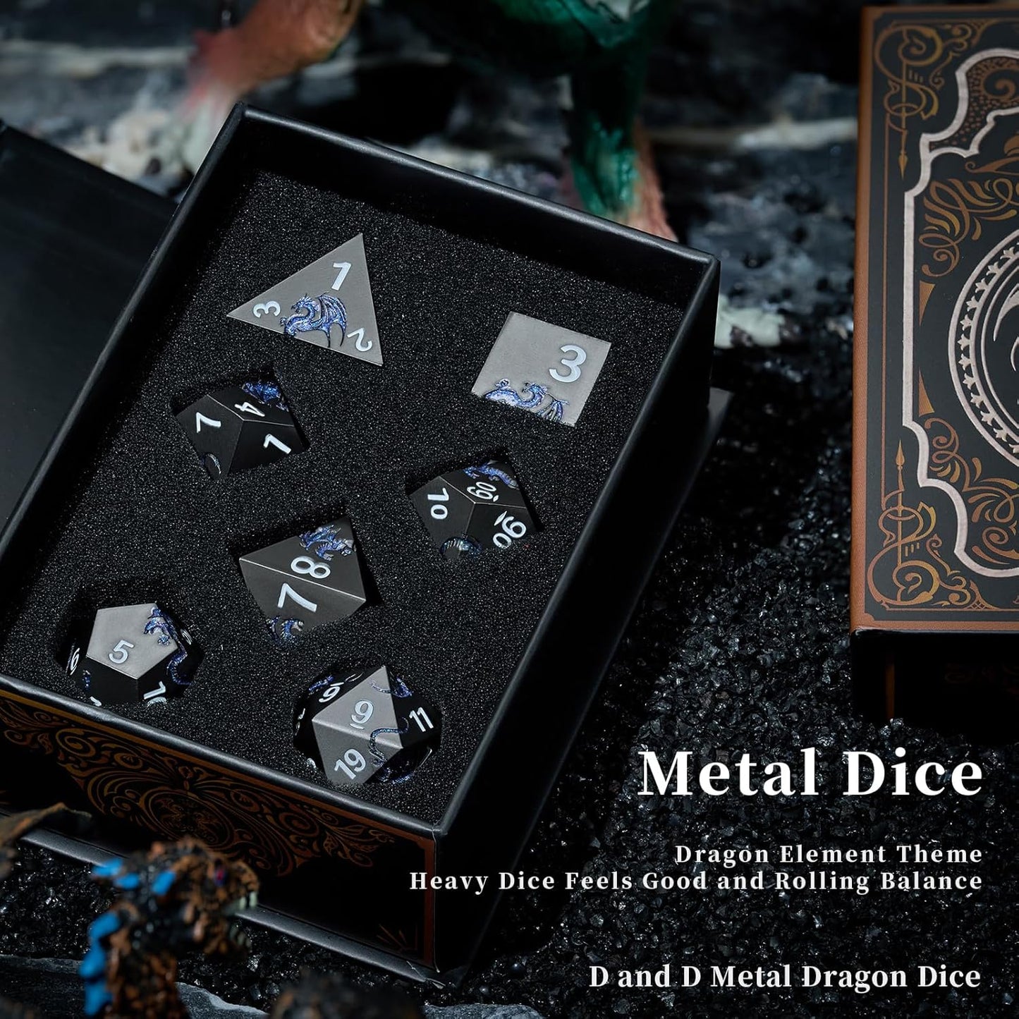 Metal Dice Set D&D,Glitter Blue Dragon Heavy Metallic DND Dice,Polyhedral Dice 7 Piece for Dungeons and Dragon Tabletop Game(Black Glitter Blue Dragon)