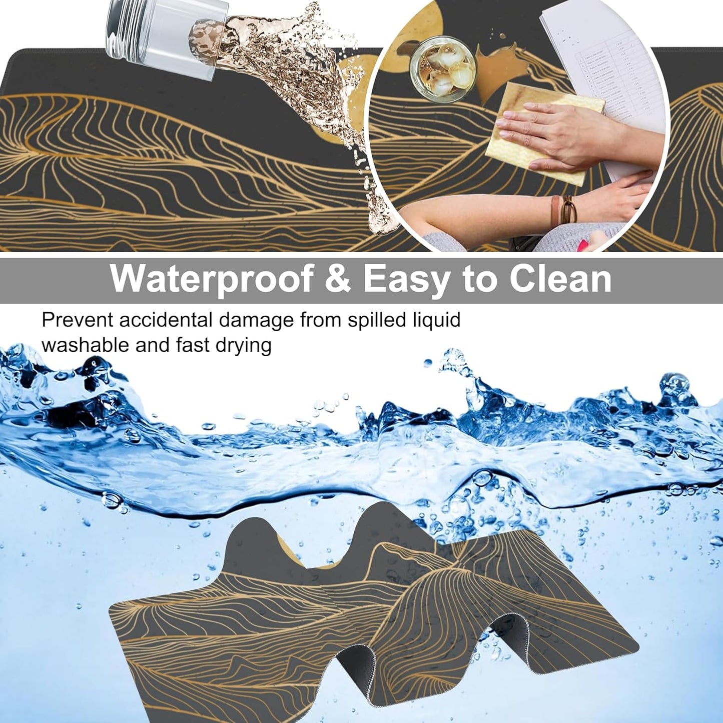 Abstract Golden Mountain Desk Mat,Large Gold Line Art Gaming Keyboard Mouse Pad,Non-Slip Rubber Base Desk Pad Thick Stitched Edges Waterproof Mousepad Mouse Mat 31.5"x11.8"