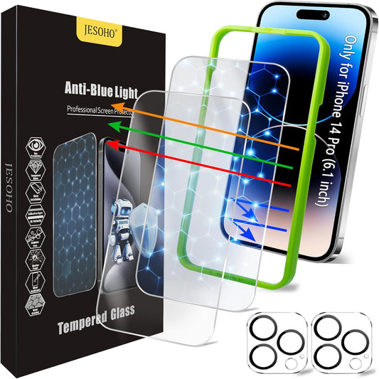 Screen Protector for iPhone 14 Pro [6.1 Inch],2 pcs Colorless Anti-Blue Light Tempered Glass Films, HD Clear, 9H Hardness, No Bubbles, Case Friendly with 2 pcs Camera Lens Protector