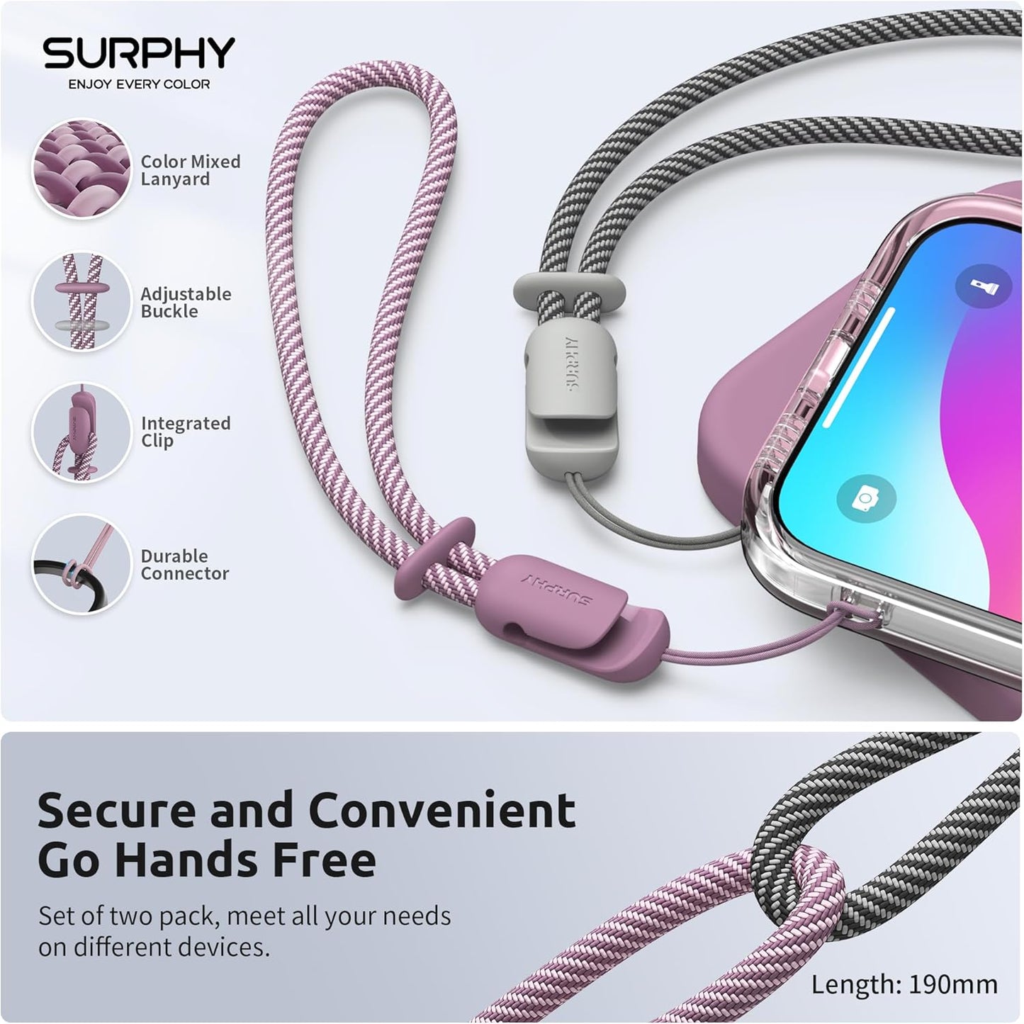 SURPHY 2 Pack Phone Lanyard for Cellphone Case, Phone Wrist Strap for Case, Cellphone Strap with 2-Color Braided, Charm Wrist Lanyard for Women and Men, Lilac Purple & Gray