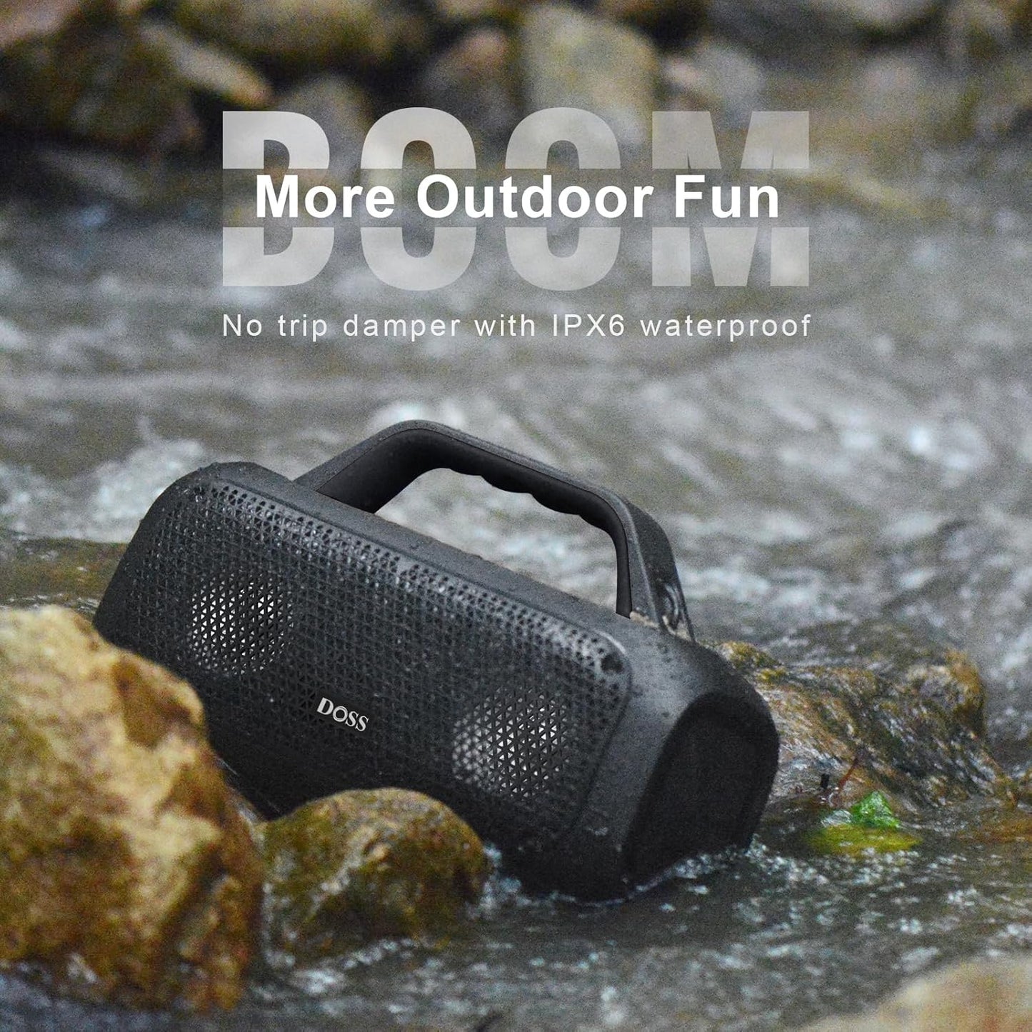 DOSS Extreme Boom Outdoor Bluetooth Speaker with 60W Mighty Sound, Deep Bass, 30H Playtime,10400mAh Power Bank, BT 5.3, IPX6 Waterproof, Portable Strap for Camping, Pool, Beach, Garage, Work
