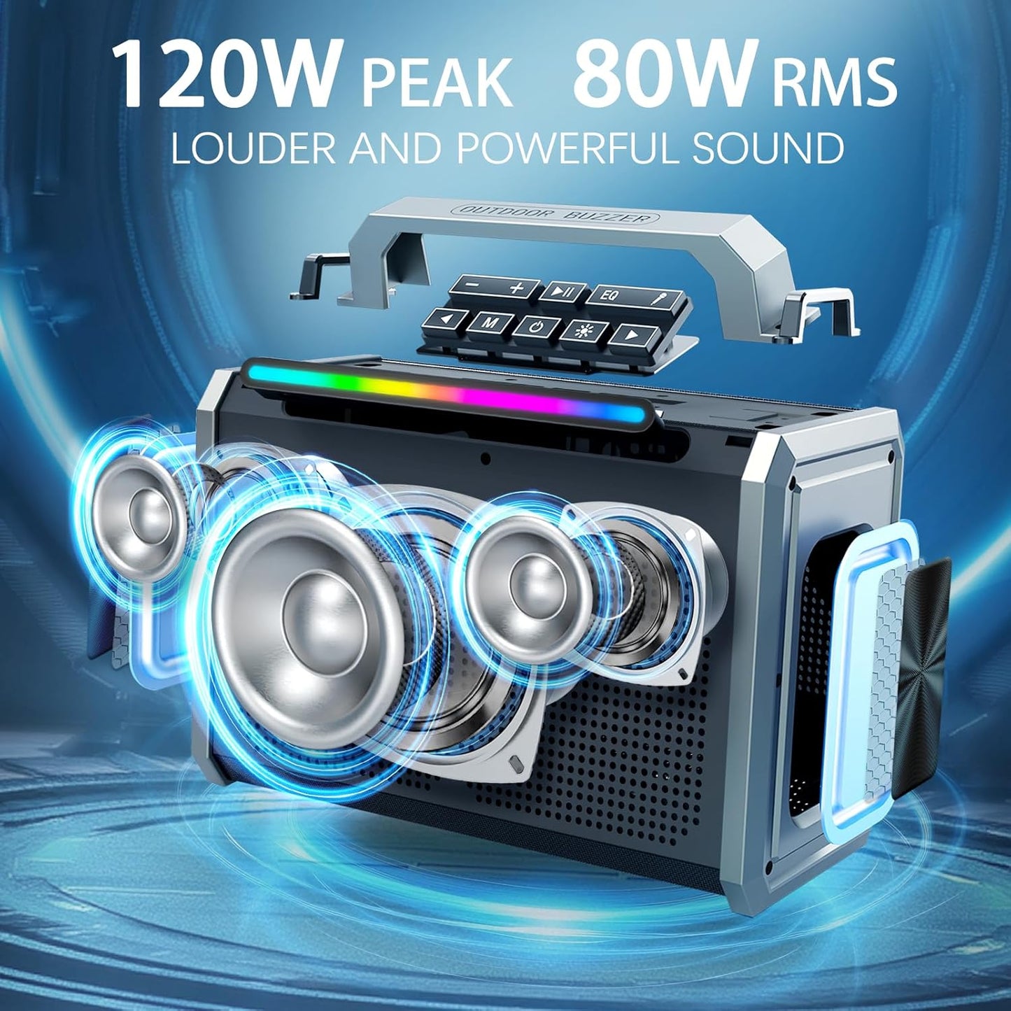 Portable Bluetooth Speaker 80W Loud Wireless Outdoor Stereo Sound Deep Bass IPX5 Waterproof Big Powerful Large Party Speakers with Colorful LED Lights, TWS, EQ, AUX, USB for Home Travel Camping