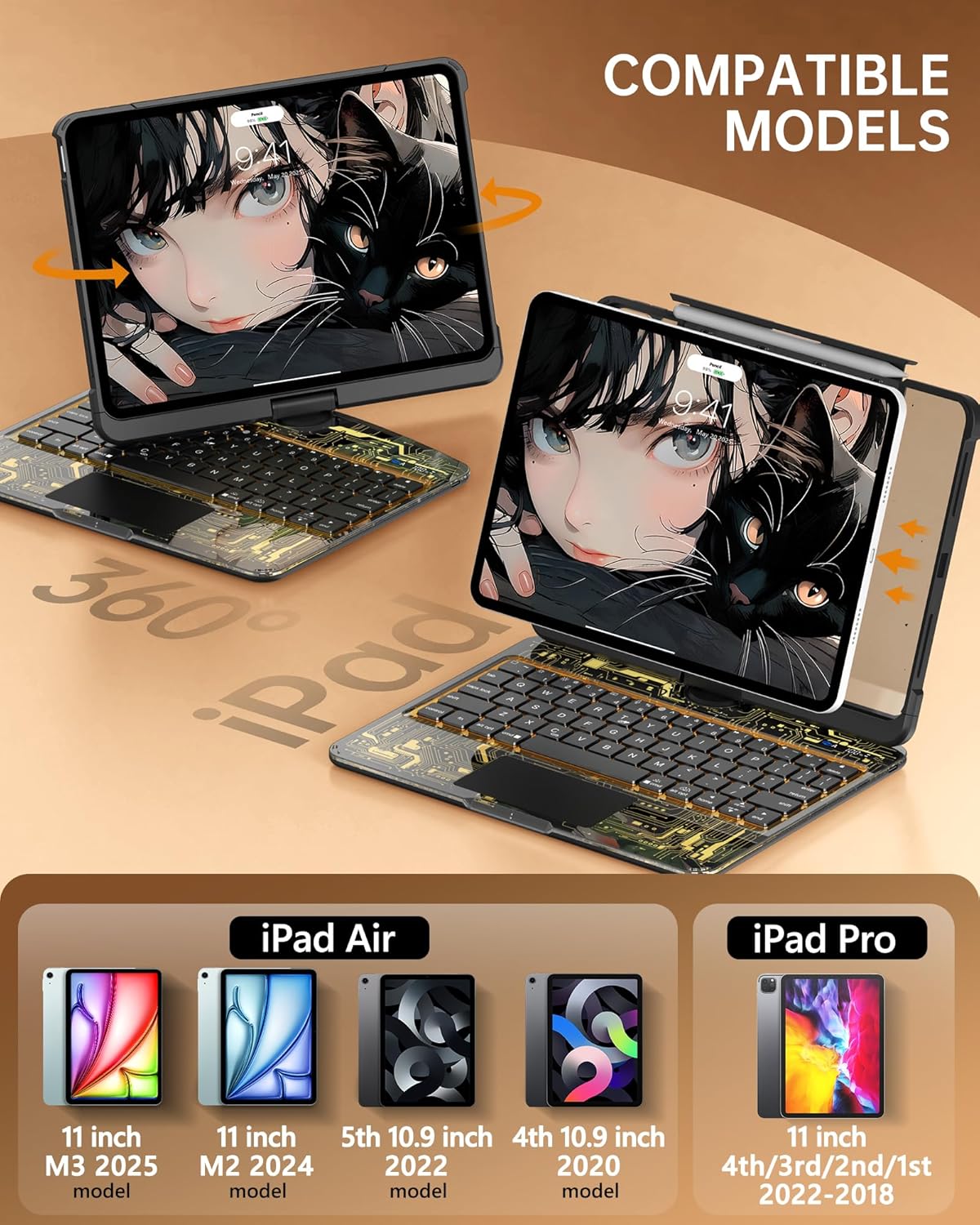 Intermerge Clear Keyboard Case for iPad Air 11" (M3/M2, 2025/2024), Air 5th/4th, Pro 11" 2022-2018, 360° Swivel Multi-Touch Trackpad, 7-Color Backlit, Pencil Holder, Type-C, Shadow Pulse