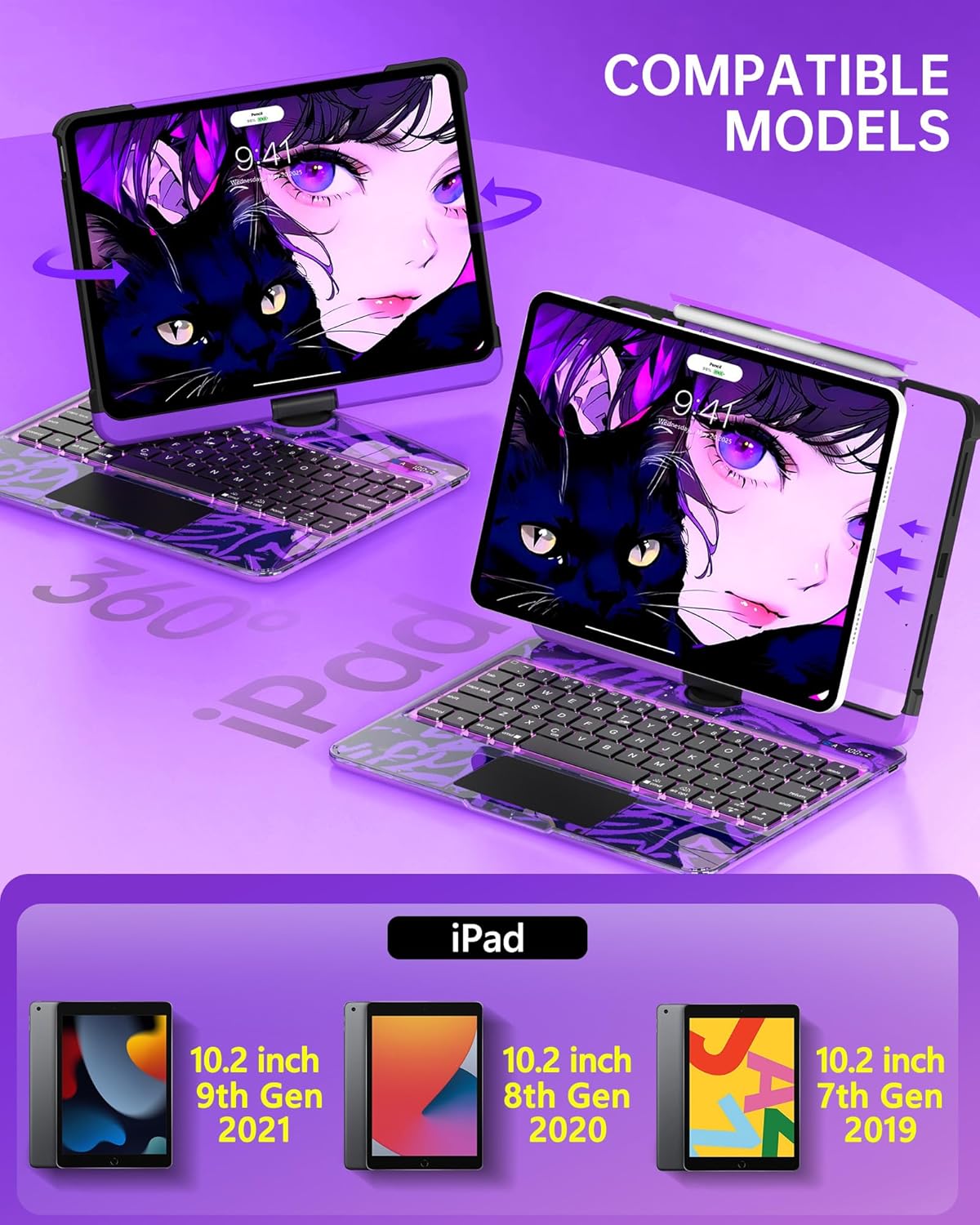 Intermerge for iPad 9th 10.2 inch Keyboard Case, 360° Transparent Multi-Touch Trackpad, 7-Color Backlit Keyboard, Pencil Holder, Type-C, Power Indicator for 9th/ 8th/ 7th - Neon Pulse