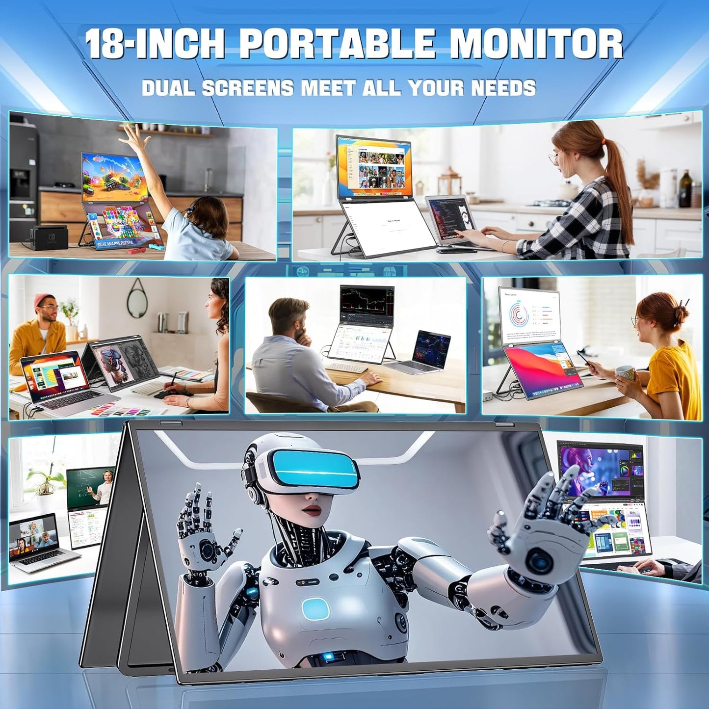 InnoView 18" 2K 100Hz Dual Portable Monitor 100% DCI-P3 Dual Monitor 315°Adjustable Screen Extender for Windows Mac Laptop with Speakers Type-C HDMI DP Foldable 2560x1600 Monitors (No Driver Needed)