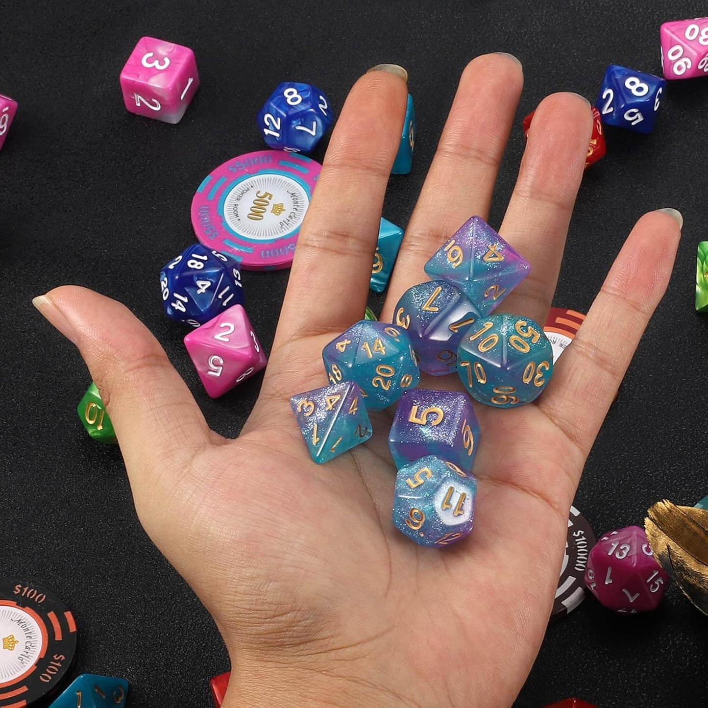 QMAY DND Dice Set -D&D Polyhedral Dice (7 Pcs) for Dungeons and Dragons (Purple Light Blue Glitter)