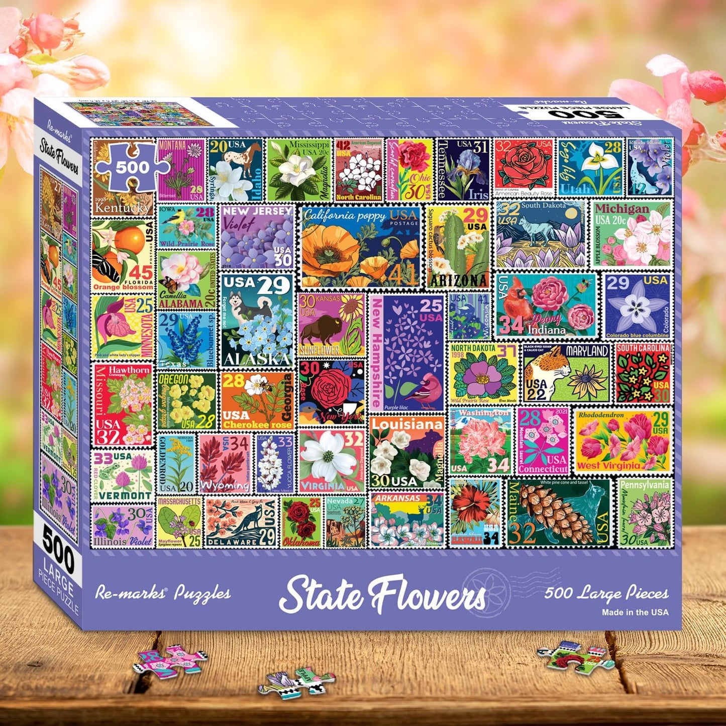 Re-marks State Flowers Stamp Collage Jigsaw Puzzle, 500 Large Piece Jigsaw Puzzle for All Ages