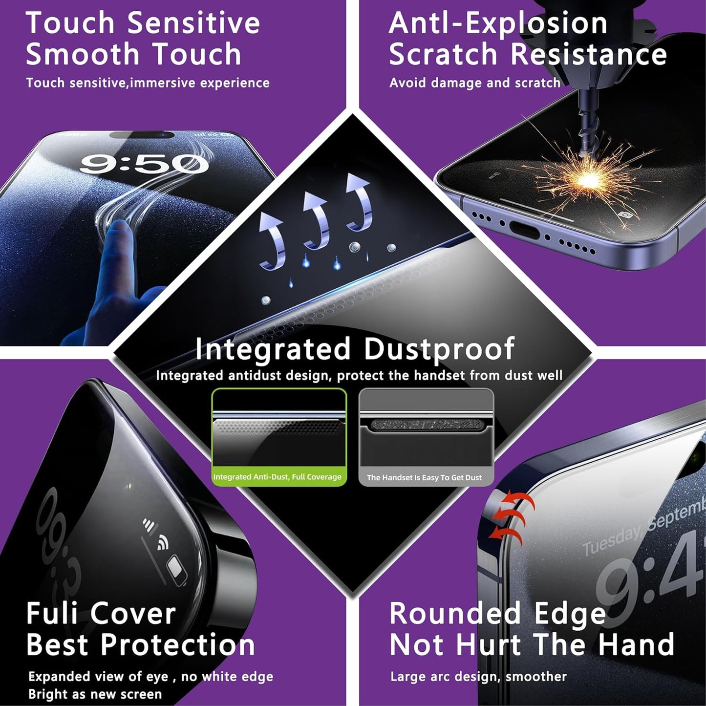 2 Pack Matte Privacy Screen Protector for iPhone 13 Pro Max/iPhone 14 Plus, 9H Tempered Glass, Full Coverage, Anti-Fingerprint, Auto Dust-Elimination, No Bubble, Easy Installation