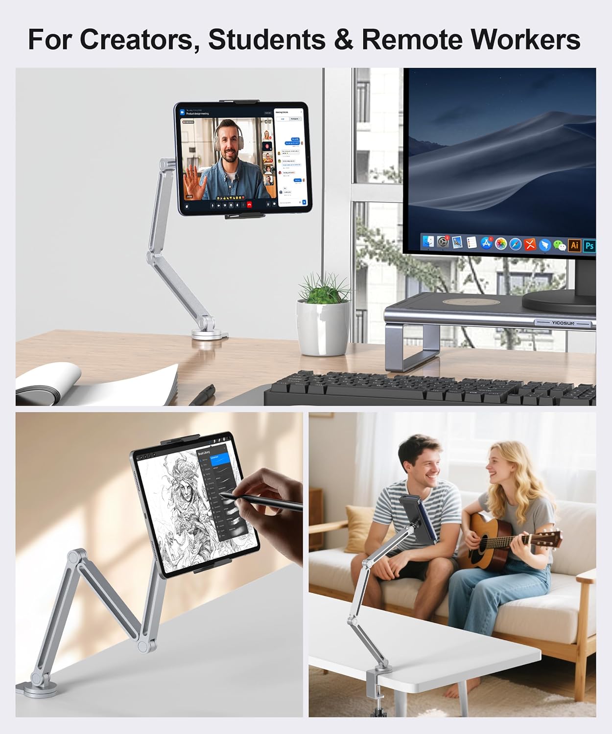 Tablet Arm Mount with Super Grip, Adjustable Foldable Holder & Heavy Duty Aluminum 360° Rotating Clamp for iPad, Phone, Monitor, Kindle - Universal for Desk, Bed, Kitchen - Silver