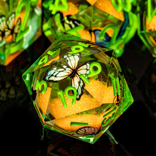 Butterfly DND Dice Green Liquid Core Dice Set with Metal Box, Handmade Sharp Edge D and D Polyhedral Dice for use with D&D Role Playing Game, D20 D12 D10 D8 D6