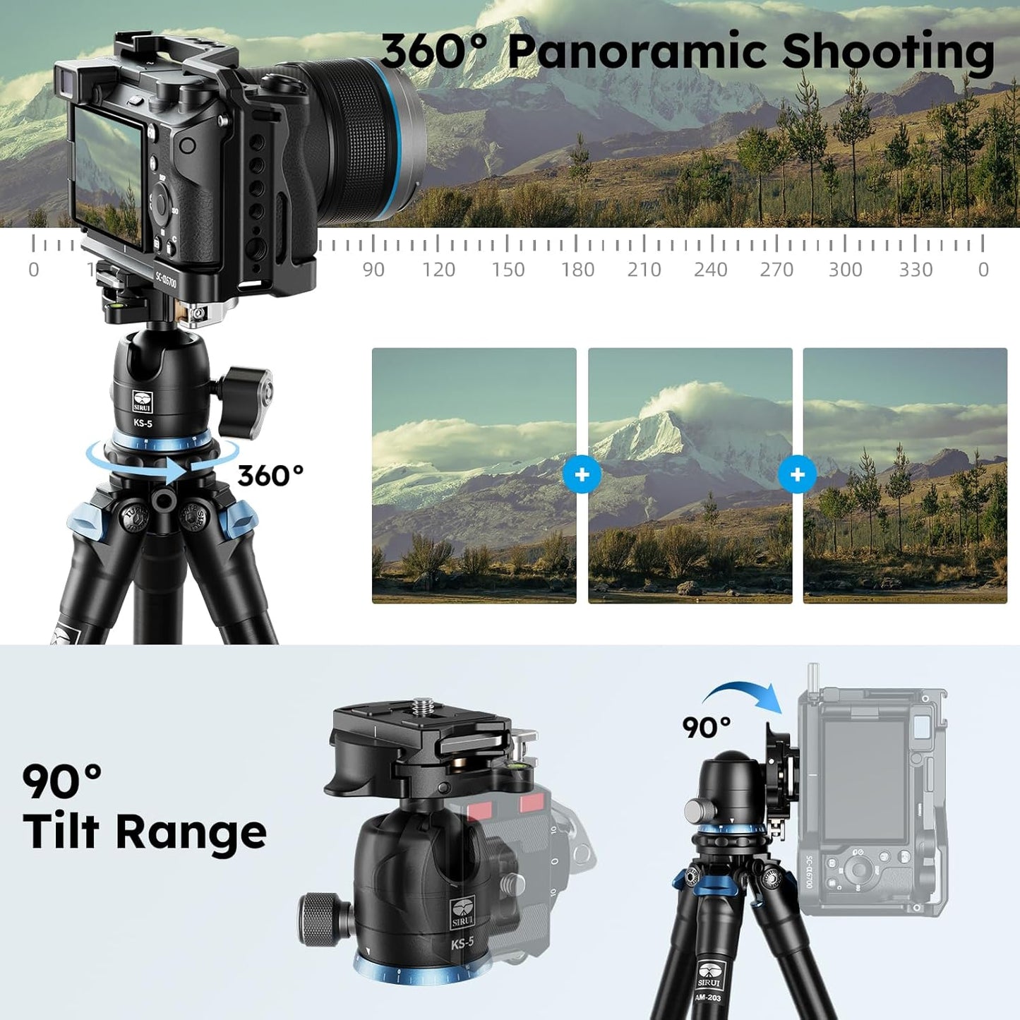 SIRUI Mini Tripod with 360° Panoramic Ball Head, Tabletop Travel Tripod for Camera, Quick Release System, Max Load 33lbs/15KG, Max Height 16.7”, AM-203+KS-5 (AM-203+KS-5)