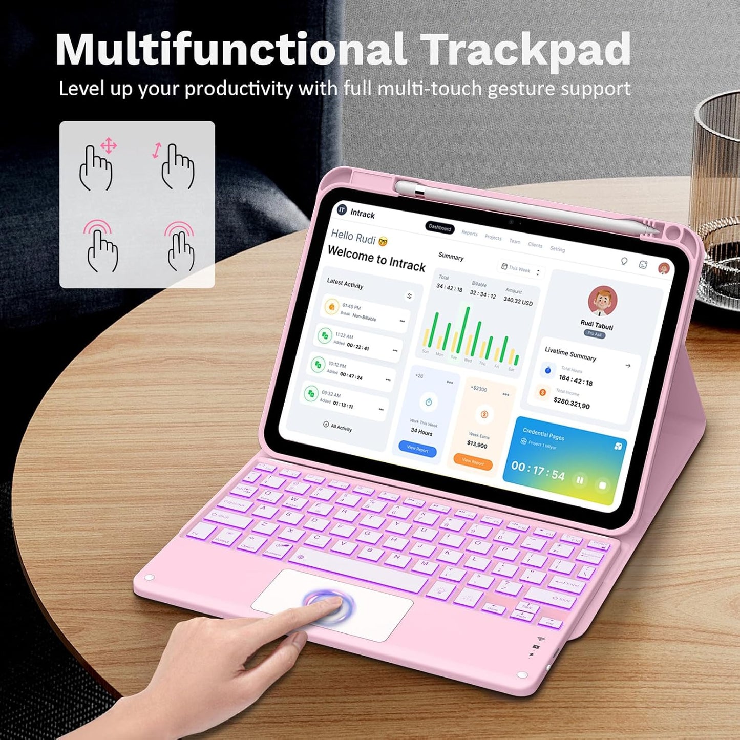 MoKo Touch Keyboard Case for iPad (A16) 11th Generation 11 inch 2025, iPad 10th Generation 10.9 inch Case with Pencil Holder, 7 Colors Backlit Multi-TrackPad Detachable Bluetooth Keyboard, Pink Marble