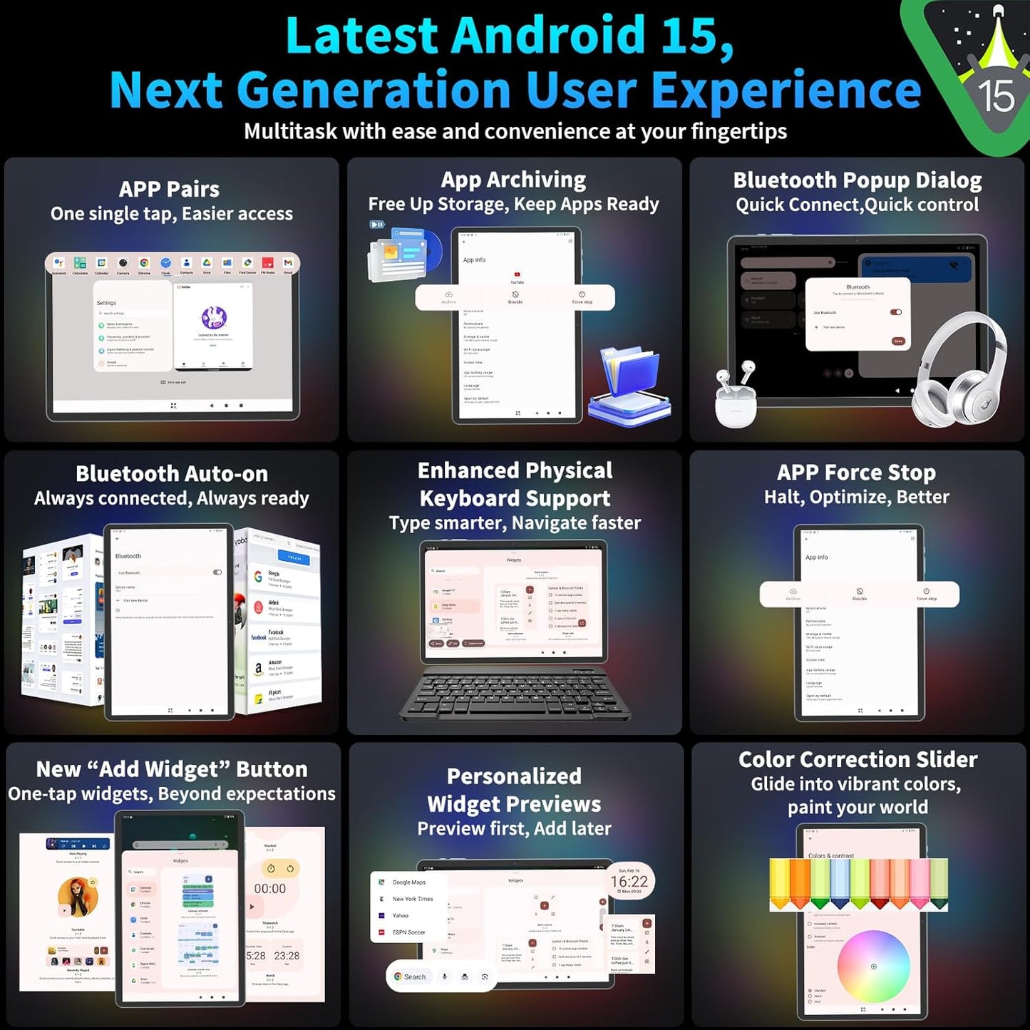 2025 Android 15 Tablet with Keyboard, 24GB+128GB+2TB Expand, 10.1 Inch Octa-Core 2-in-1 Tablets with 5G/2.4G WiFi, 8000mAh, BT5.0, GMS Certified, with Mouse, Case, Stylus, Split Screen(Black)