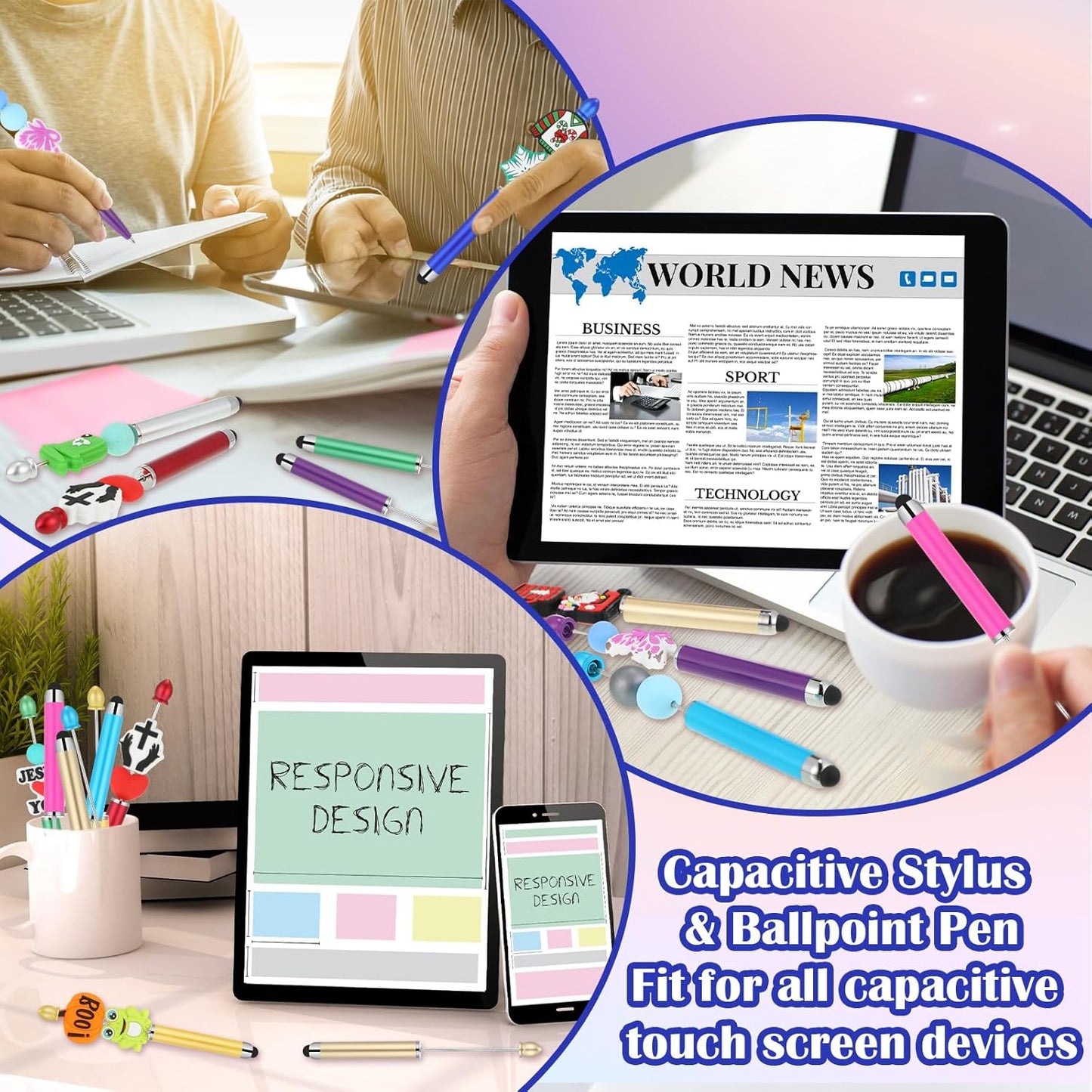 Qilery 30 Pcs Beaded Pens with Stylus Tips Plastic Beaded DIY Stylus 2-in-1 for Rubber Touch Screen Handwriting Ballpoint Pen 1.0mm, Black Ink, Office Supplies(Colorful)