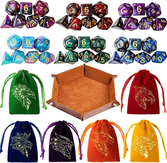 DND Dice Set 42 Pcs Polyhedral Dungeons and Dragons Rolling Dice for D&D RPG MTG Table Games Dice Bulk with Colorful Drawstring Bags and Dice Tray (Star-Tray)