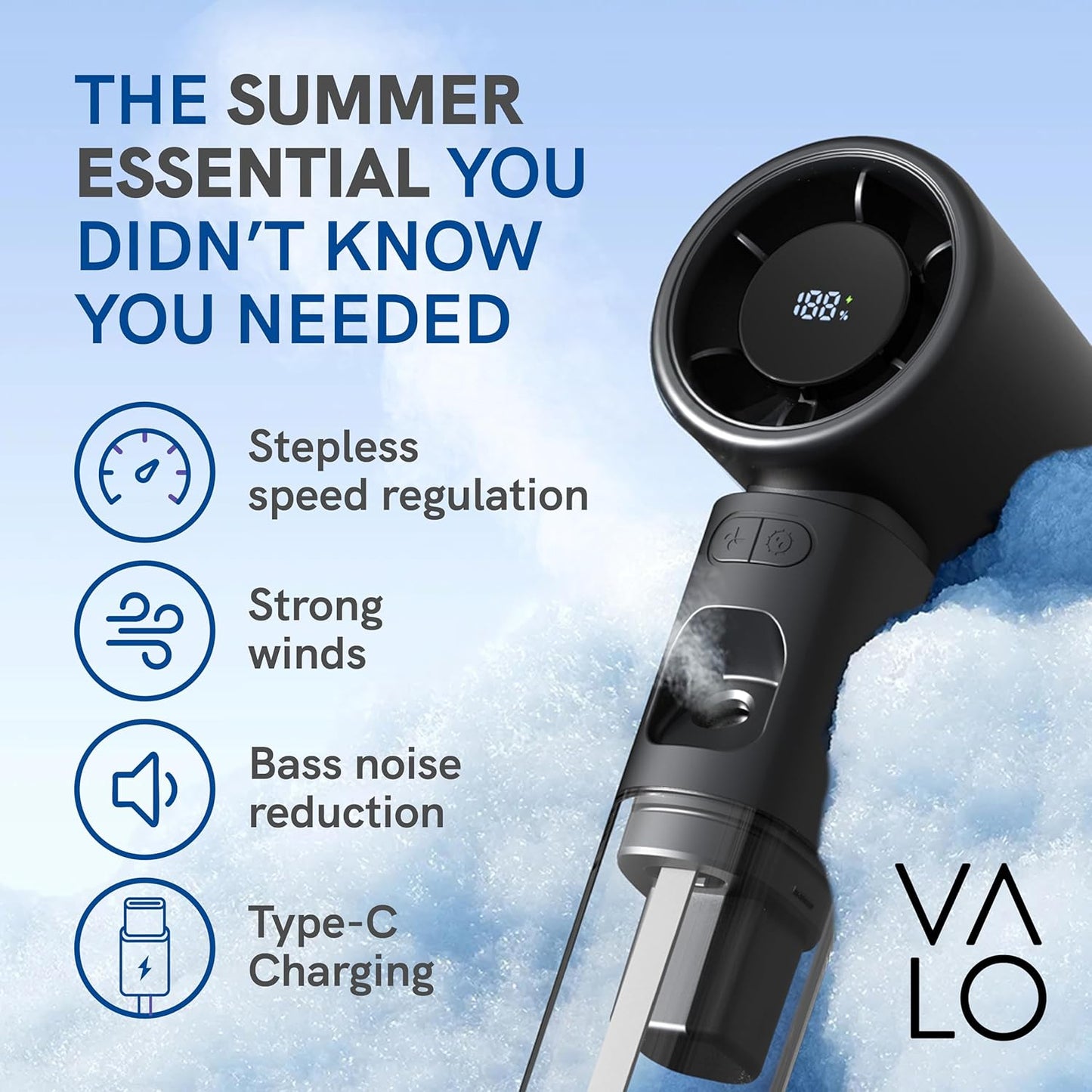 Valo Portable Rechargeable Fan - Mini Cooling Fan for Travel, USB Desk Personal Fan with 4 Speeds, 50ml Tank for Water Cooling Technology, Quiet Operation, 2,000 mAh Battery - Titanium Gray