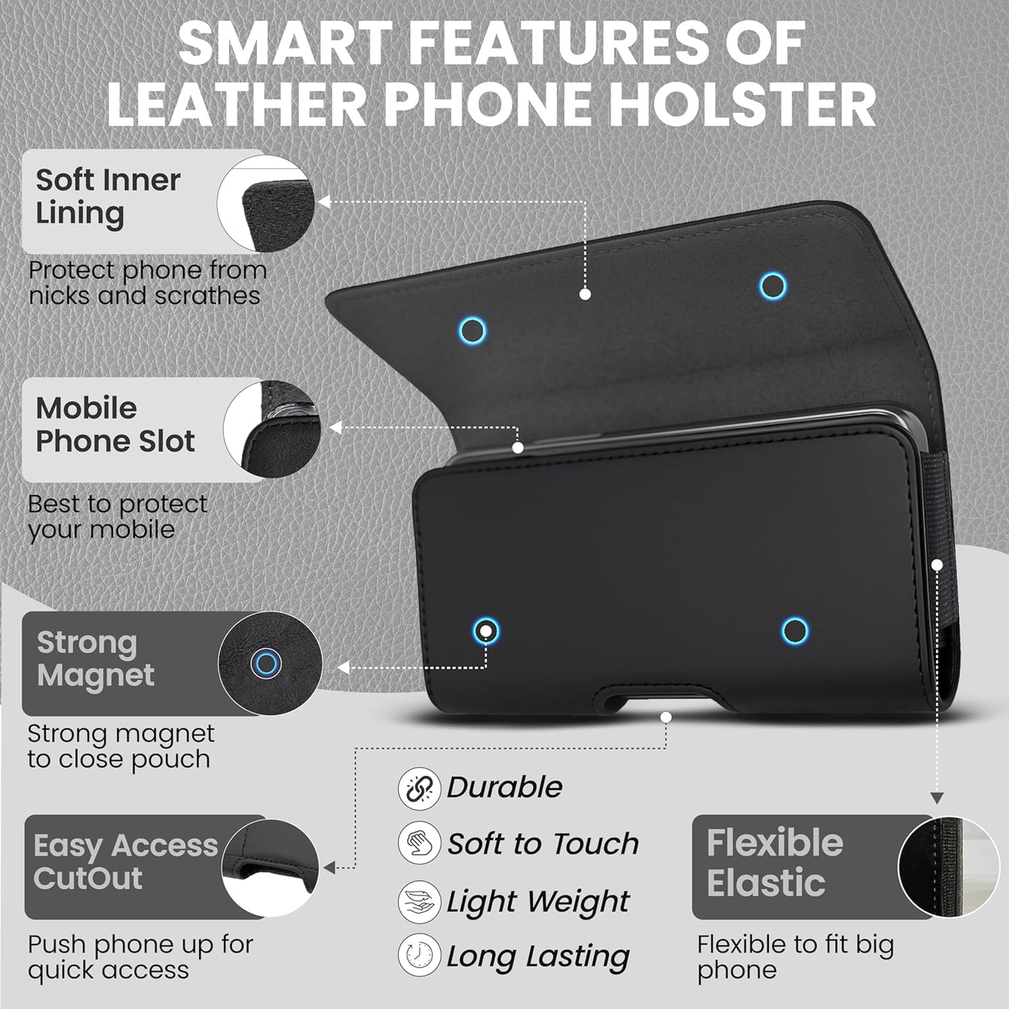 Phone Holster for Men & Women, Horizontal Cell Phone Case, Fits iPhone 17/16/15/14/13/12 Pro Max, Belt Clip/Loop Carrying Phone Pouch Holder, Black X-Large